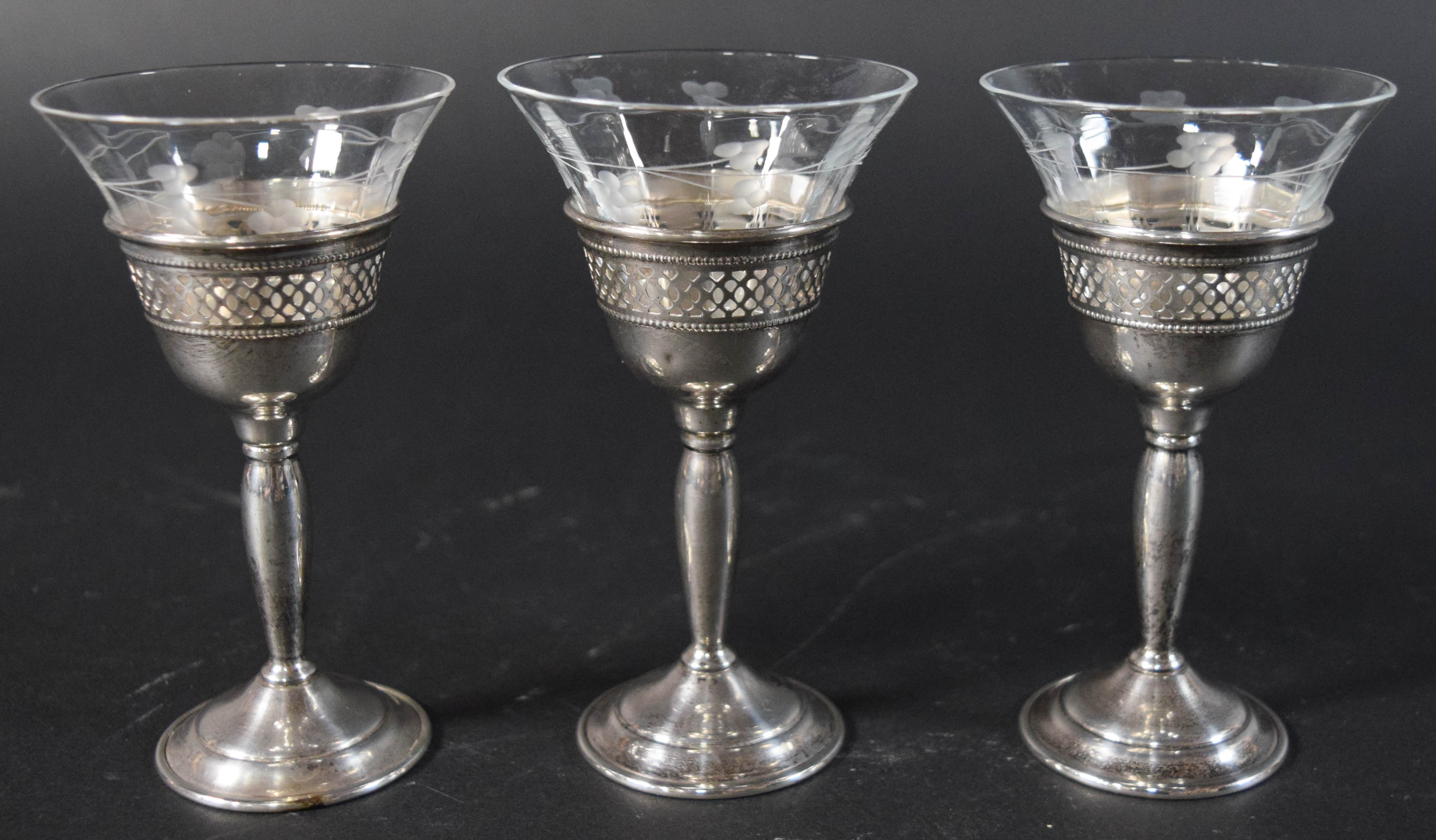 9 Pieces S.A. Schwarz Co. Sterling Silver and Etched Glass Stemware