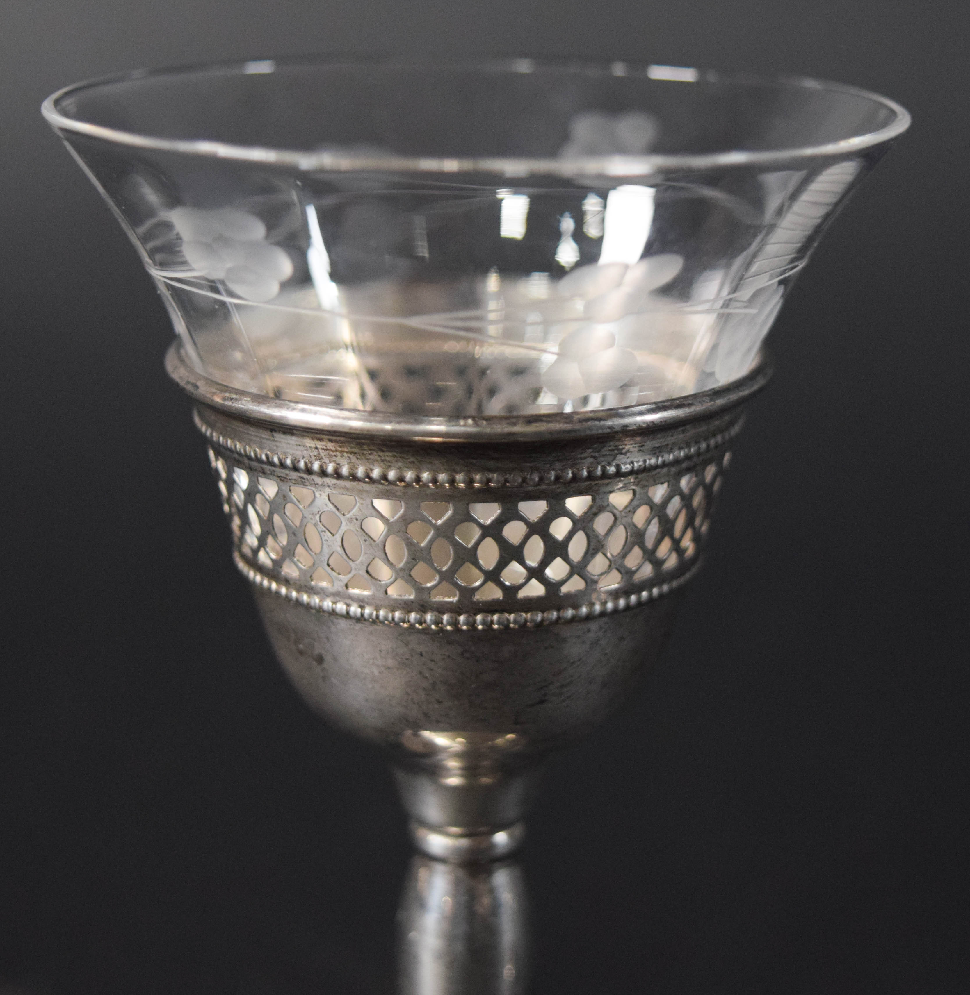 9 Pieces S.A. Schwarz Co. Sterling Silver and Etched Glass Stemware