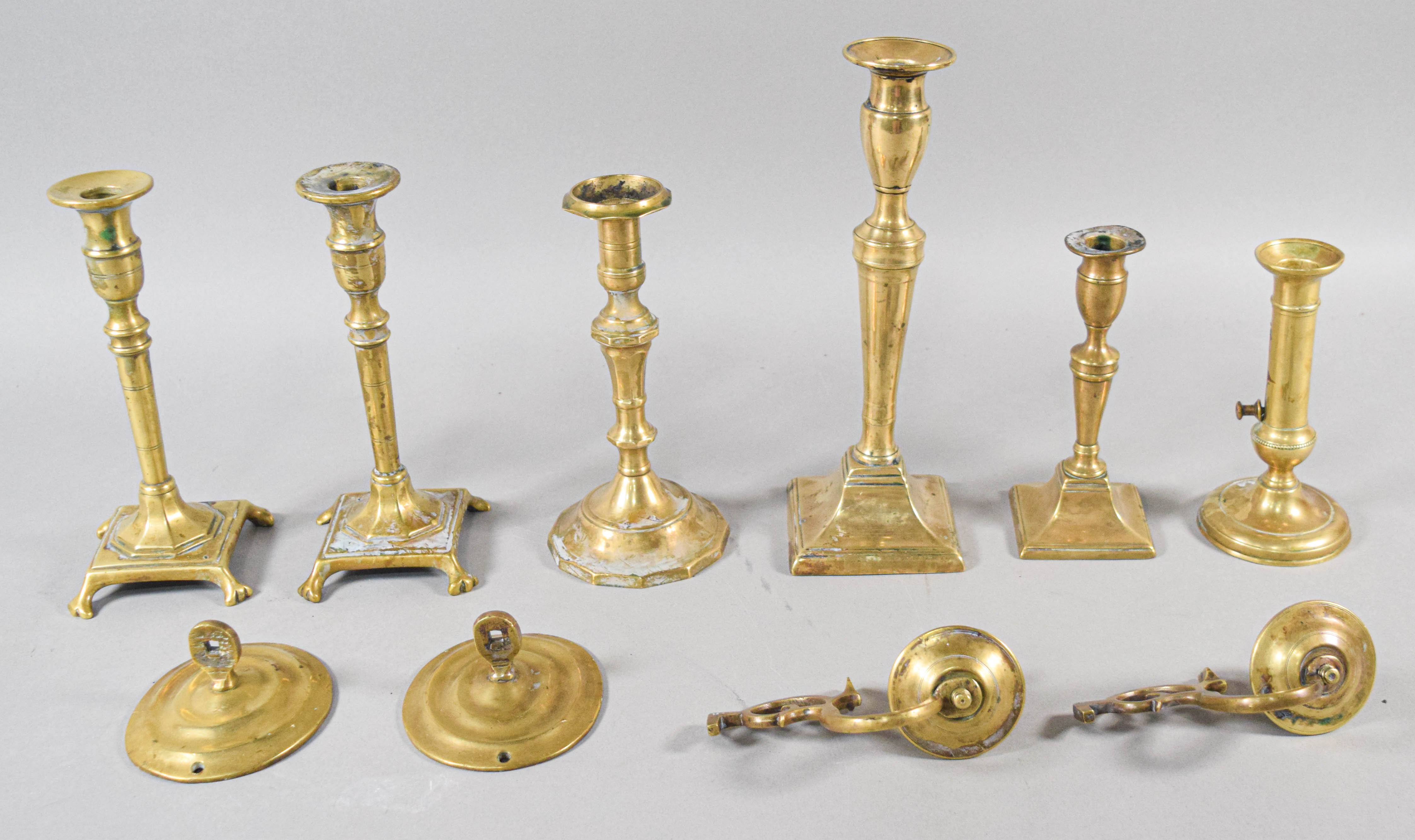 Collection of 10 Antique Brass Candlesticks and Wall Sconce Components
