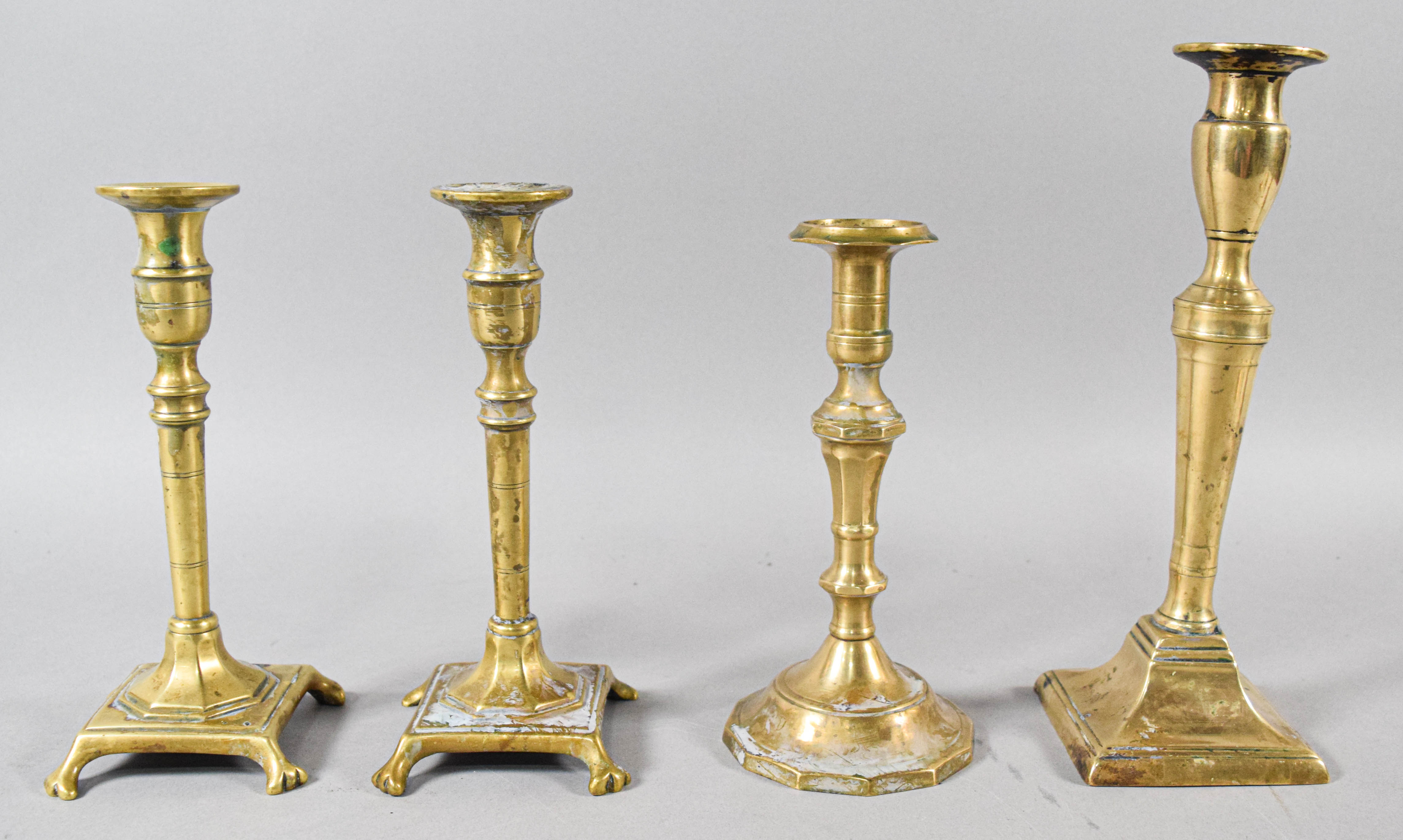 Collection of 10 Antique Brass Candlesticks and Wall Sconce Components