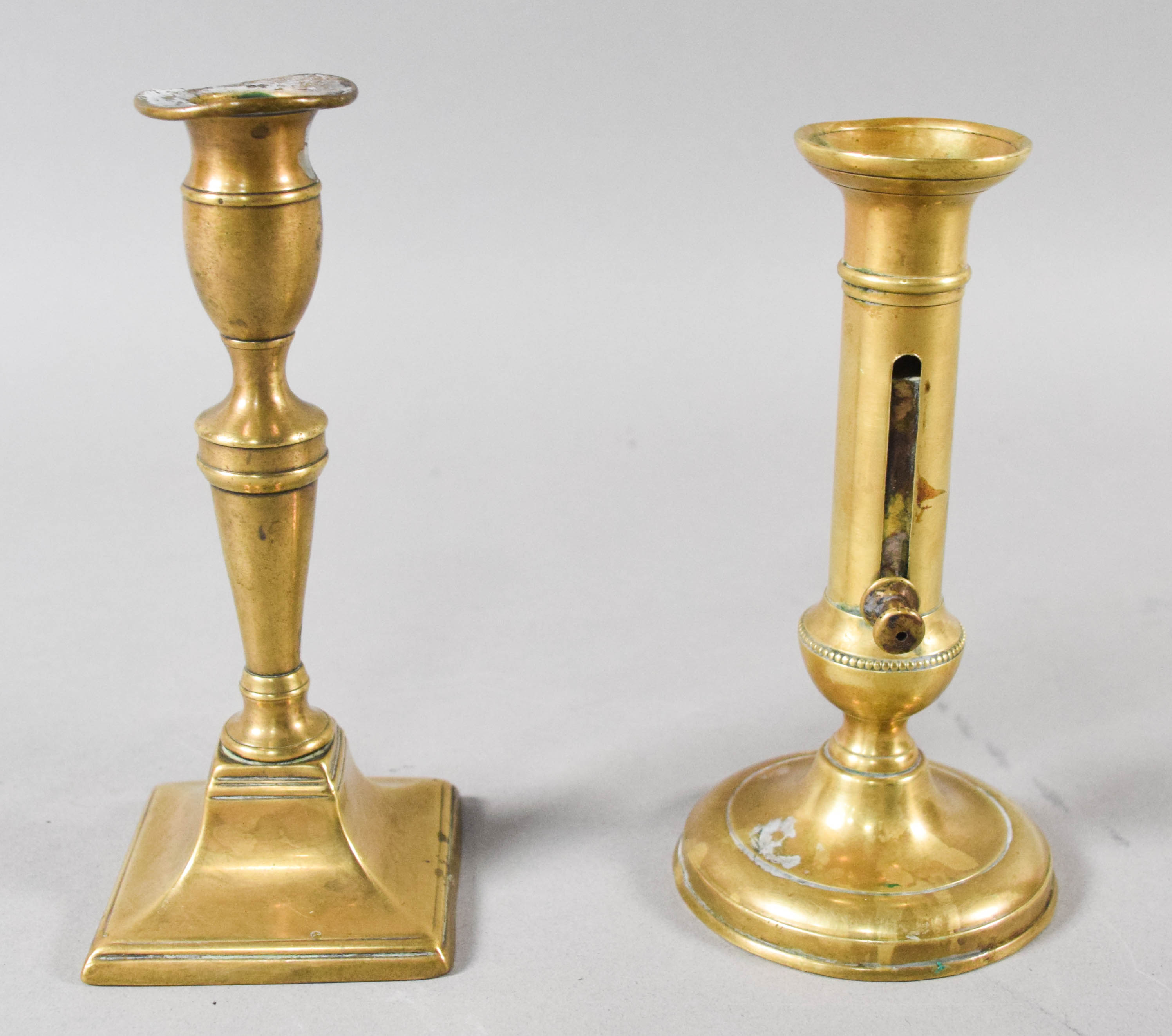 Collection of 10 Antique Brass Candlesticks and Wall Sconce Components