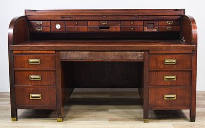 American Mahogany Roll-Top Pedestal Desk with Built-in Waterbury Clock. American mahogany 