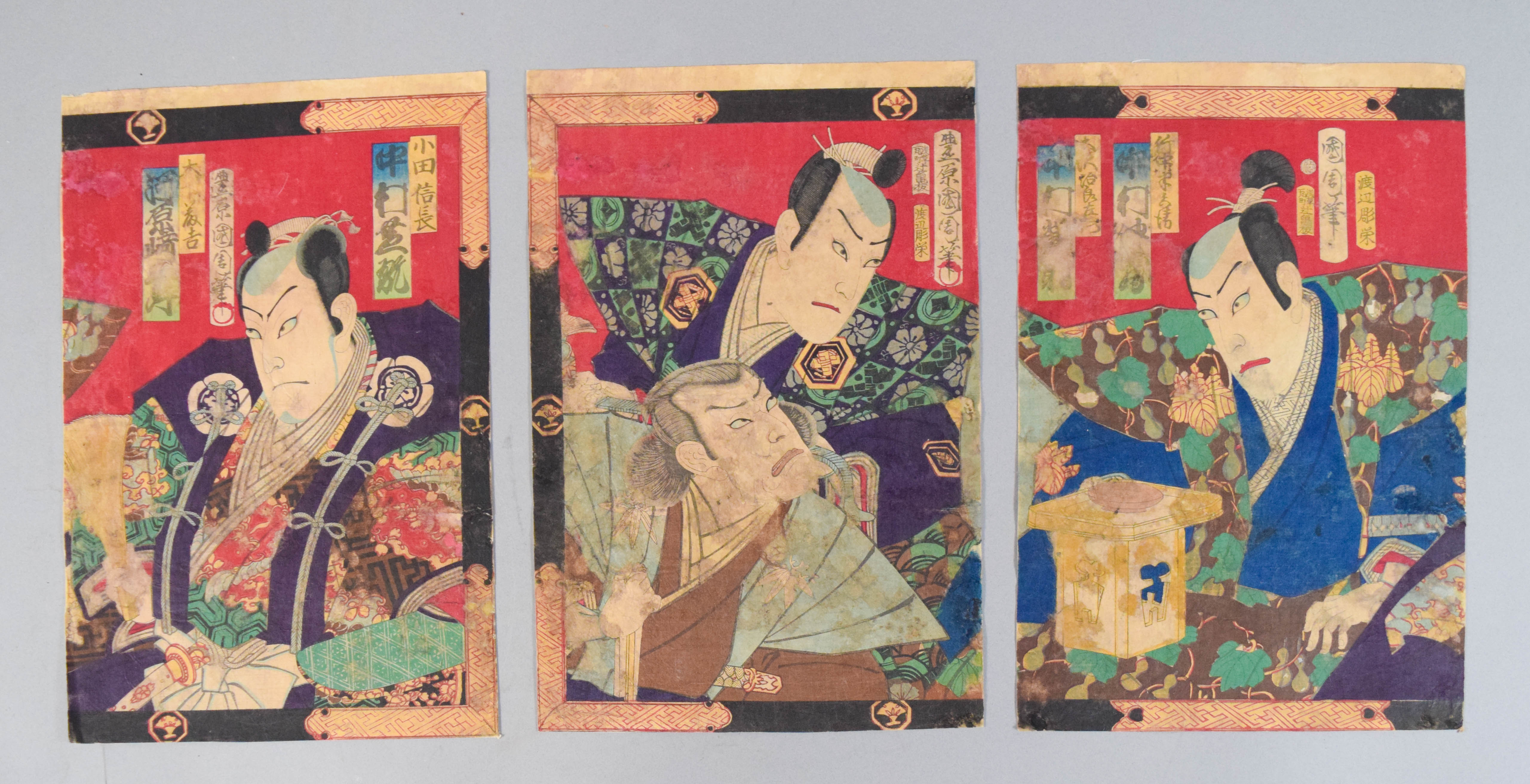 Toyohara Kunichika Trio of Kabuki Woodblocks