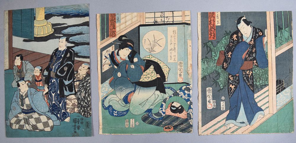 Lot 337: Group of 3 Japanese Woodblocks by Utagawa Kunisada & Utagawa Kuniyoshi (19th Century)