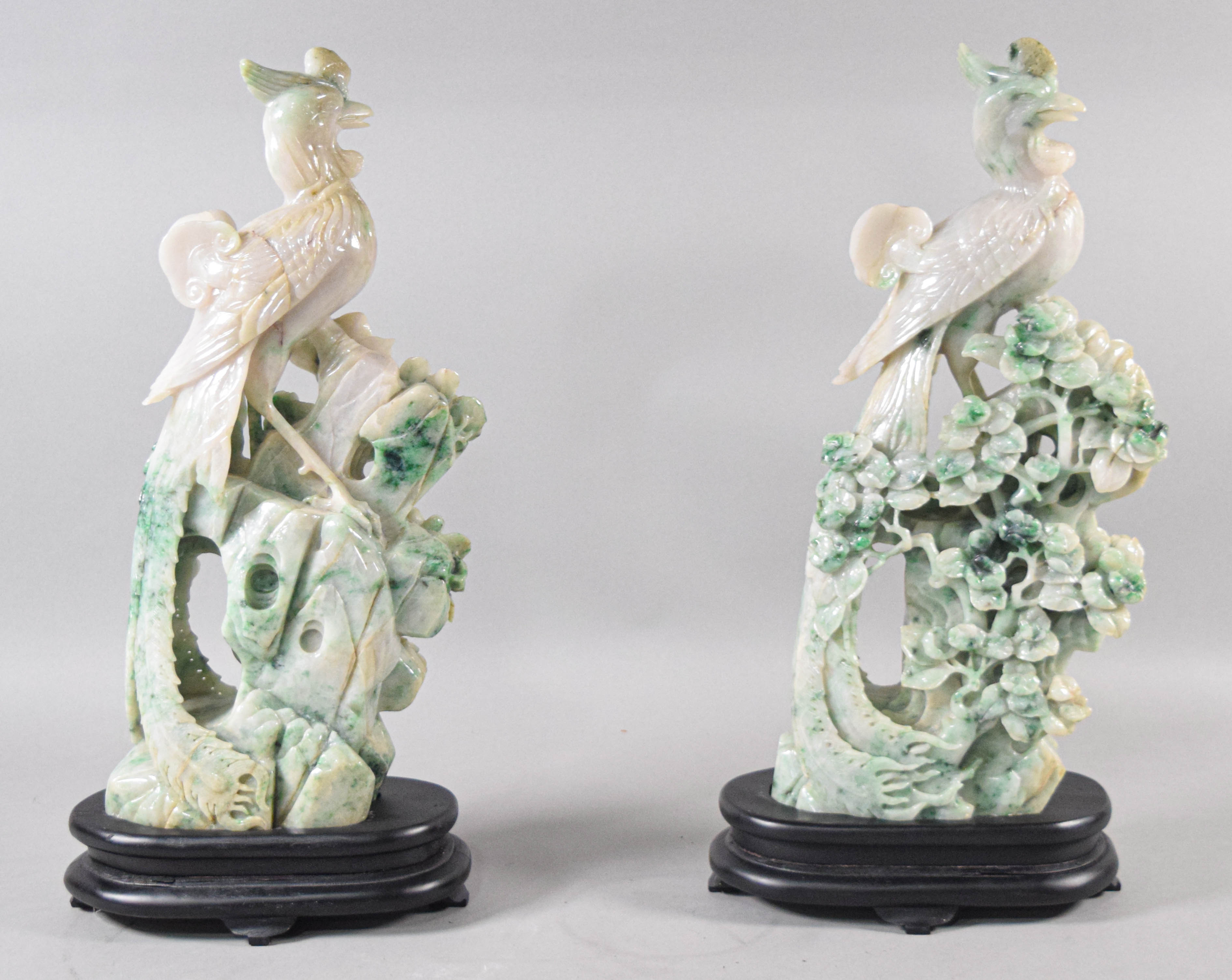 Pair of Carved Dushan Jade Phoenix Sculptures