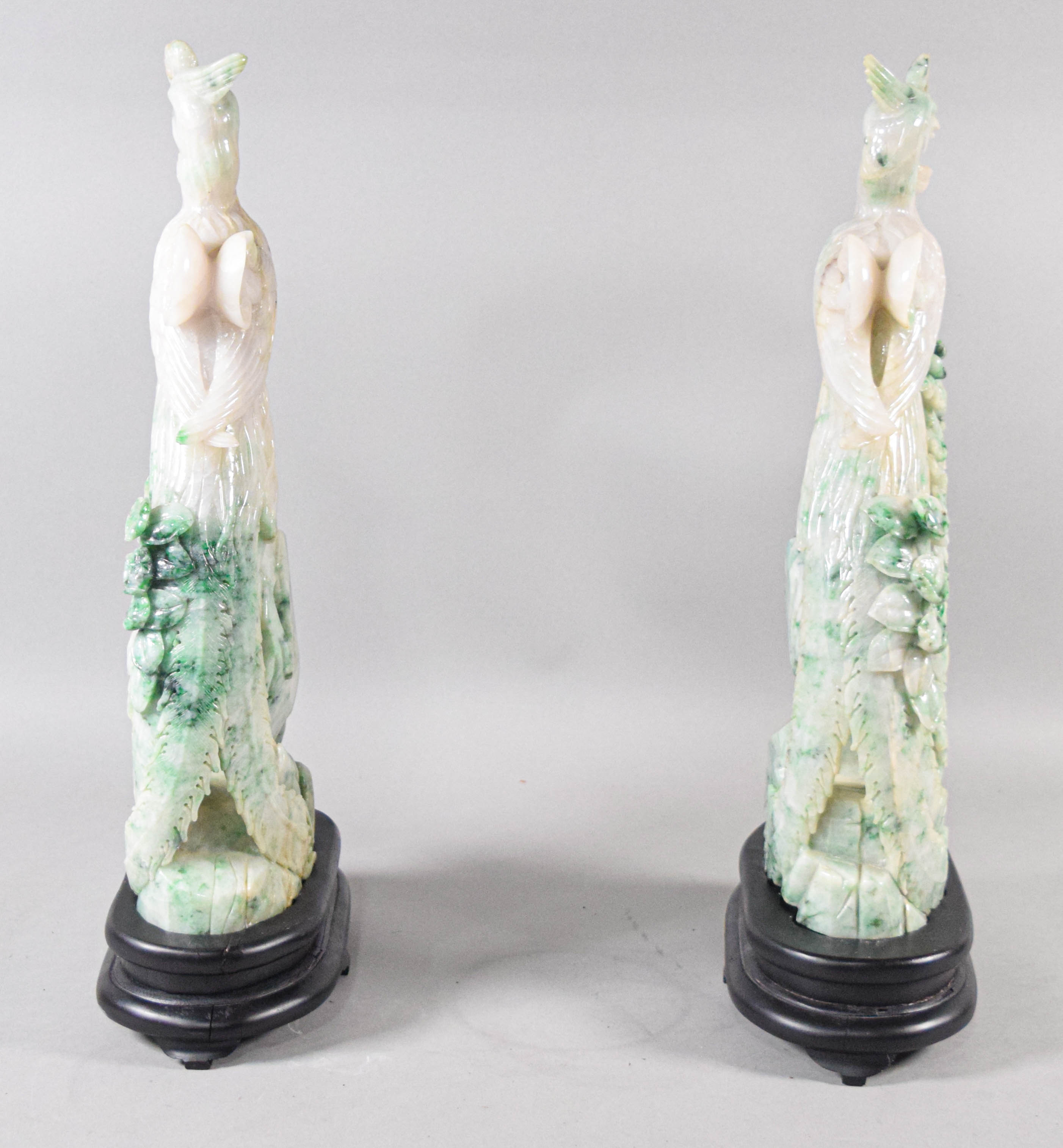 Pair of Carved Dushan Jade Phoenix Sculptures