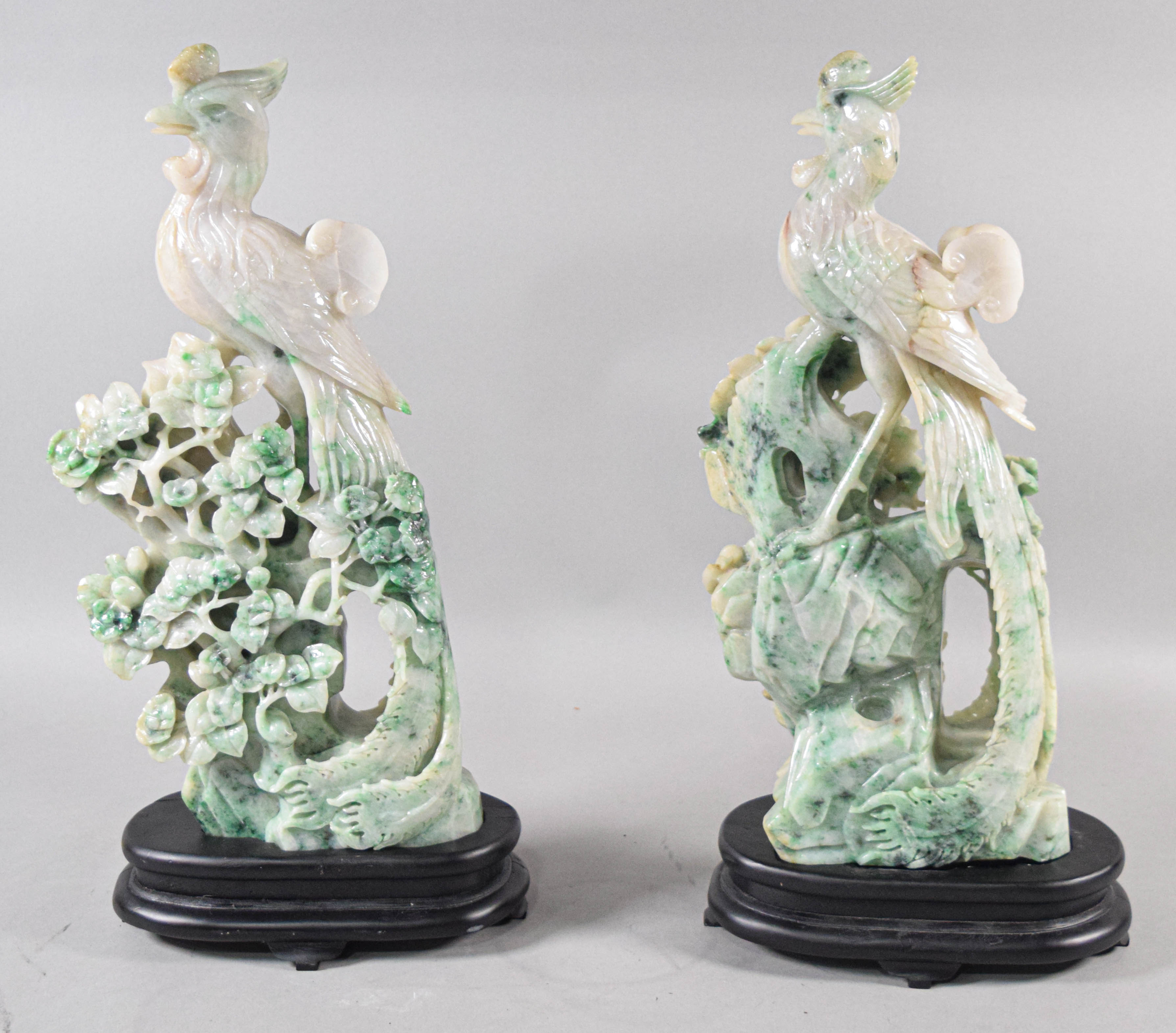 Pair of Carved Dushan Jade Phoenix Sculptures