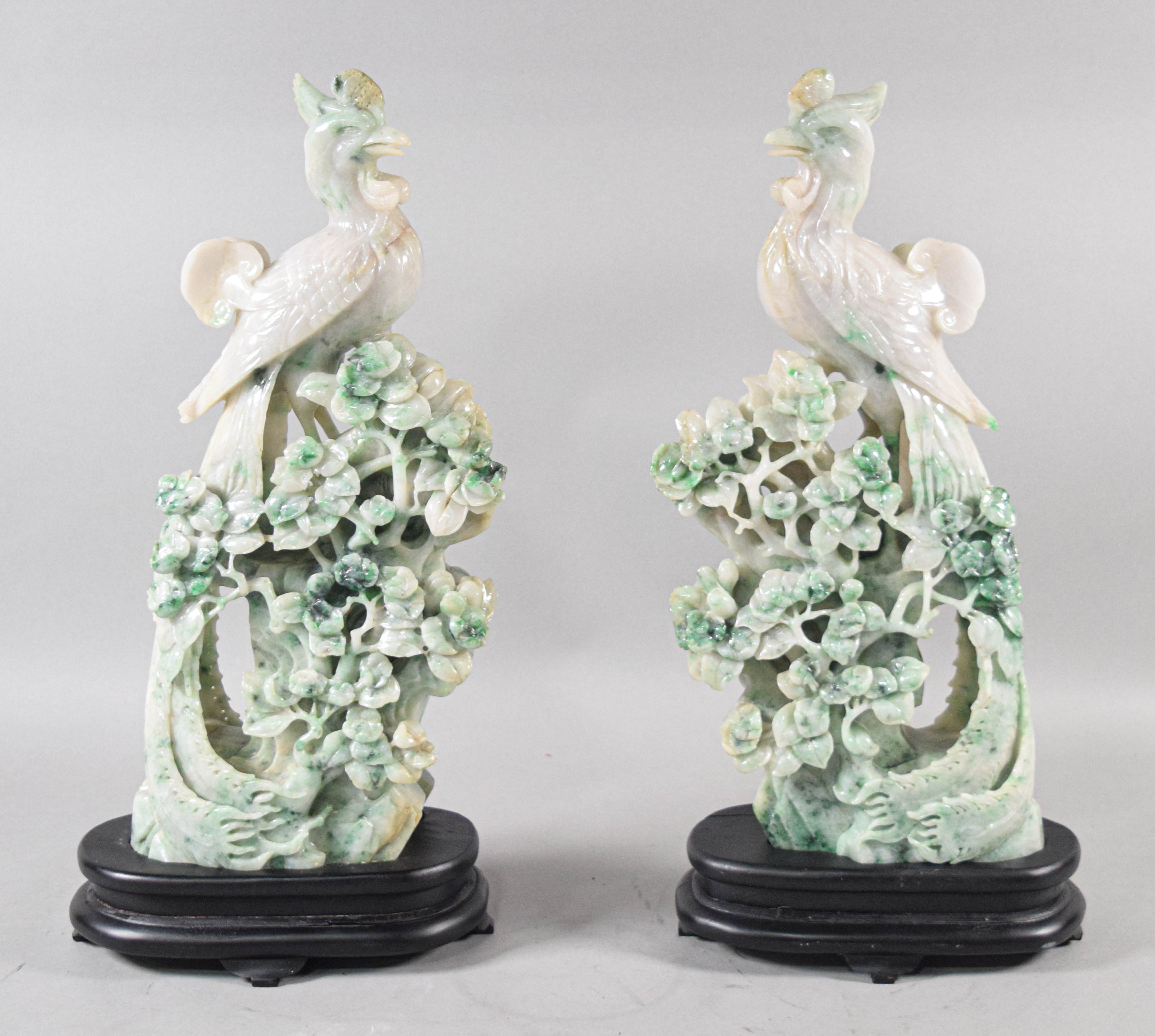 Pair of Carved Dushan Jade Phoenix Sculptures