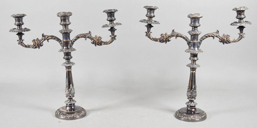 Lot 243: Pair of Silver-Plated Rococo Revival Three-Light Candelabra