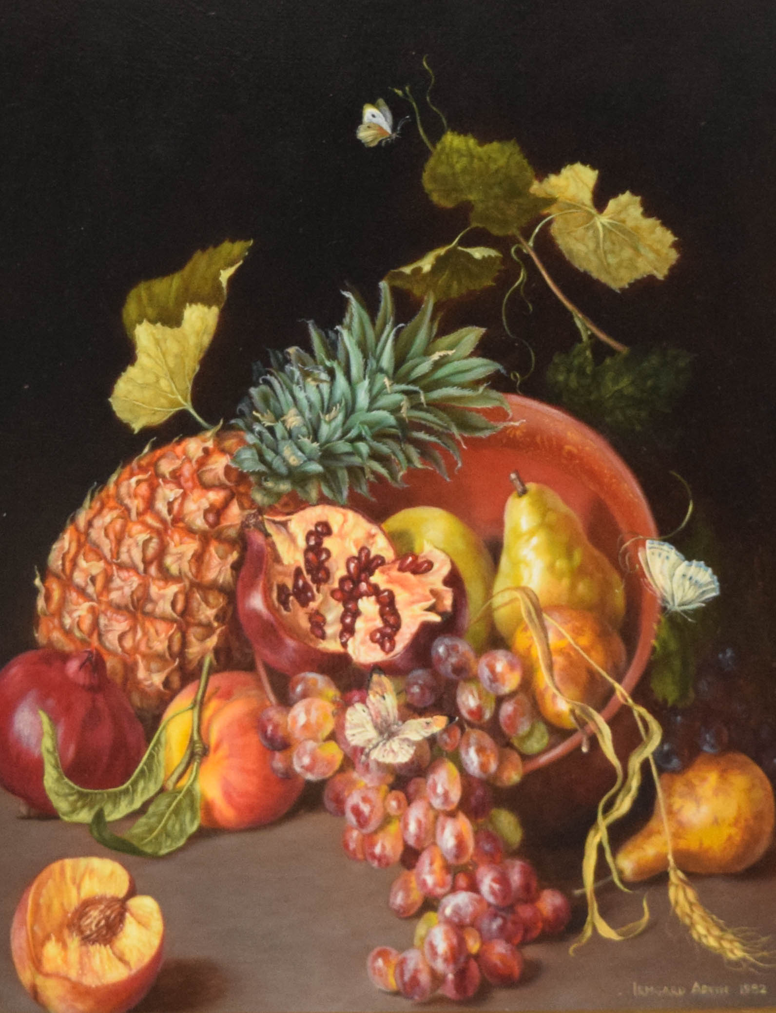 Irmgard Arvin Oil on Panel Still Life with Fruit and Butterflies