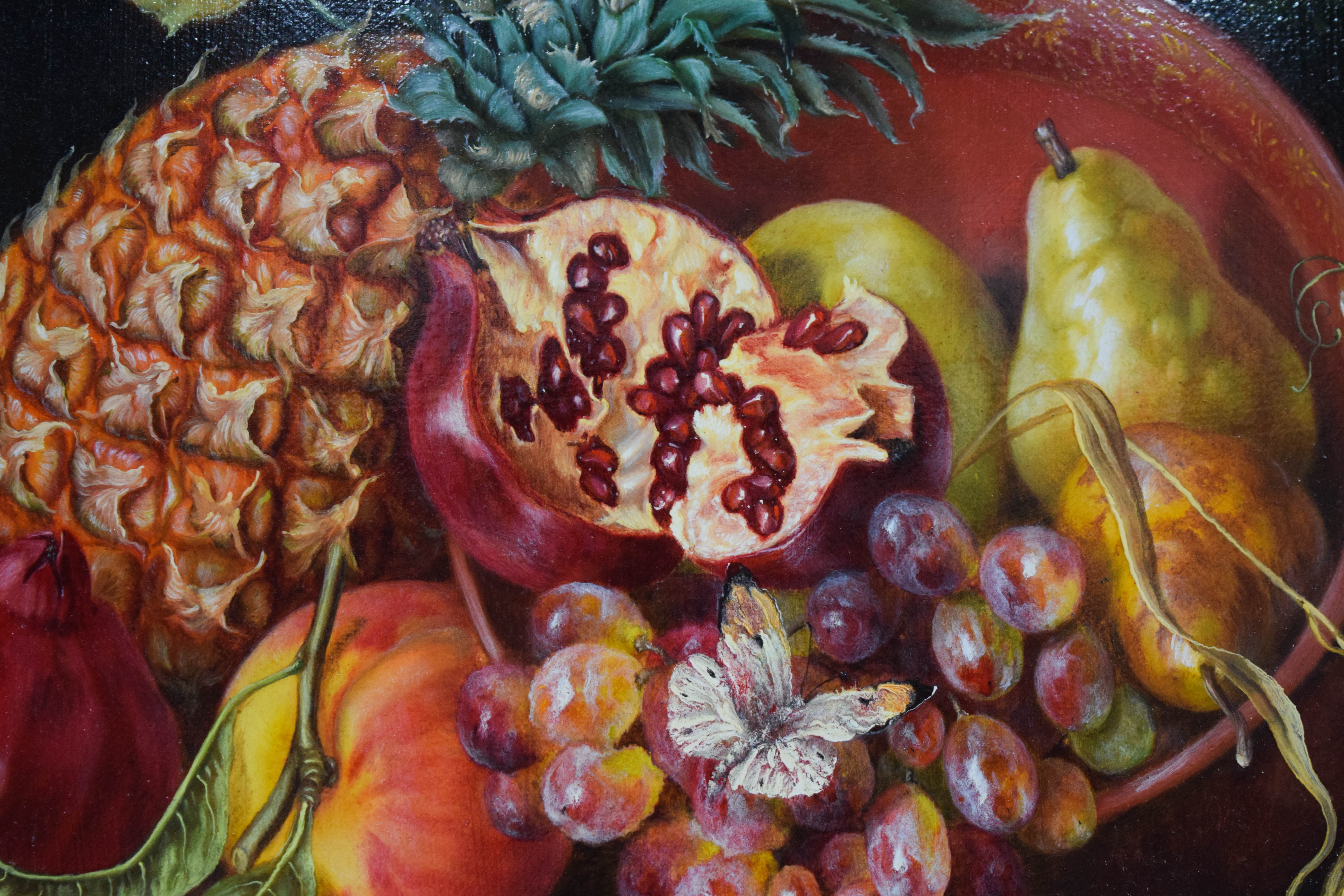 Irmgard Arvin Oil on Panel Still Life with Fruit and Butterflies
