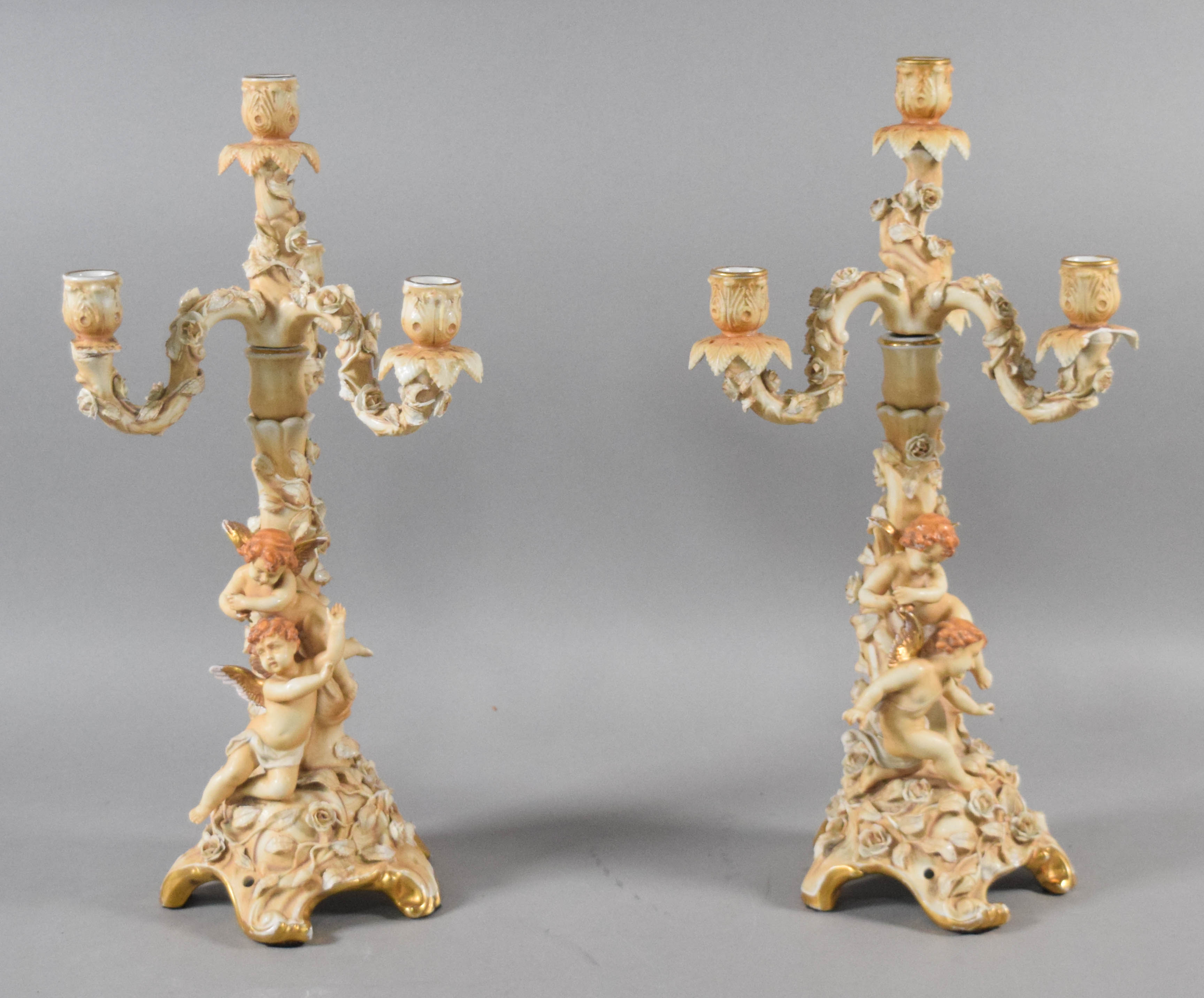 Pair of Sitzendorf Porcelain Three-Light Candelabra