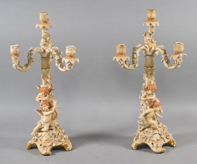 Pair of Sitzendorf Porcelain Three-Light Candelabra. A pair of Sitzendorf porcelain three-light 