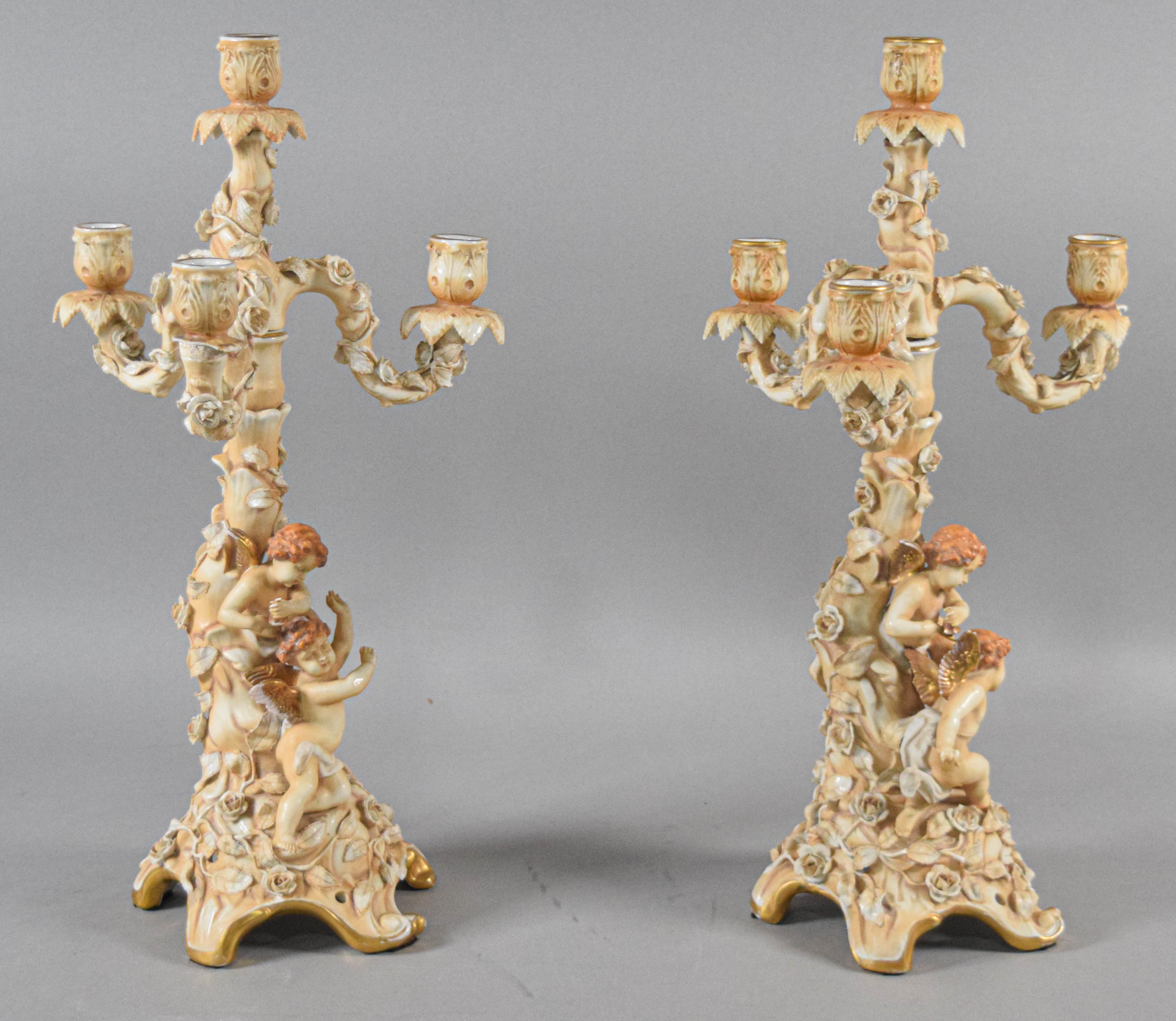 Pair of Sitzendorf Porcelain Three-Light Candelabra