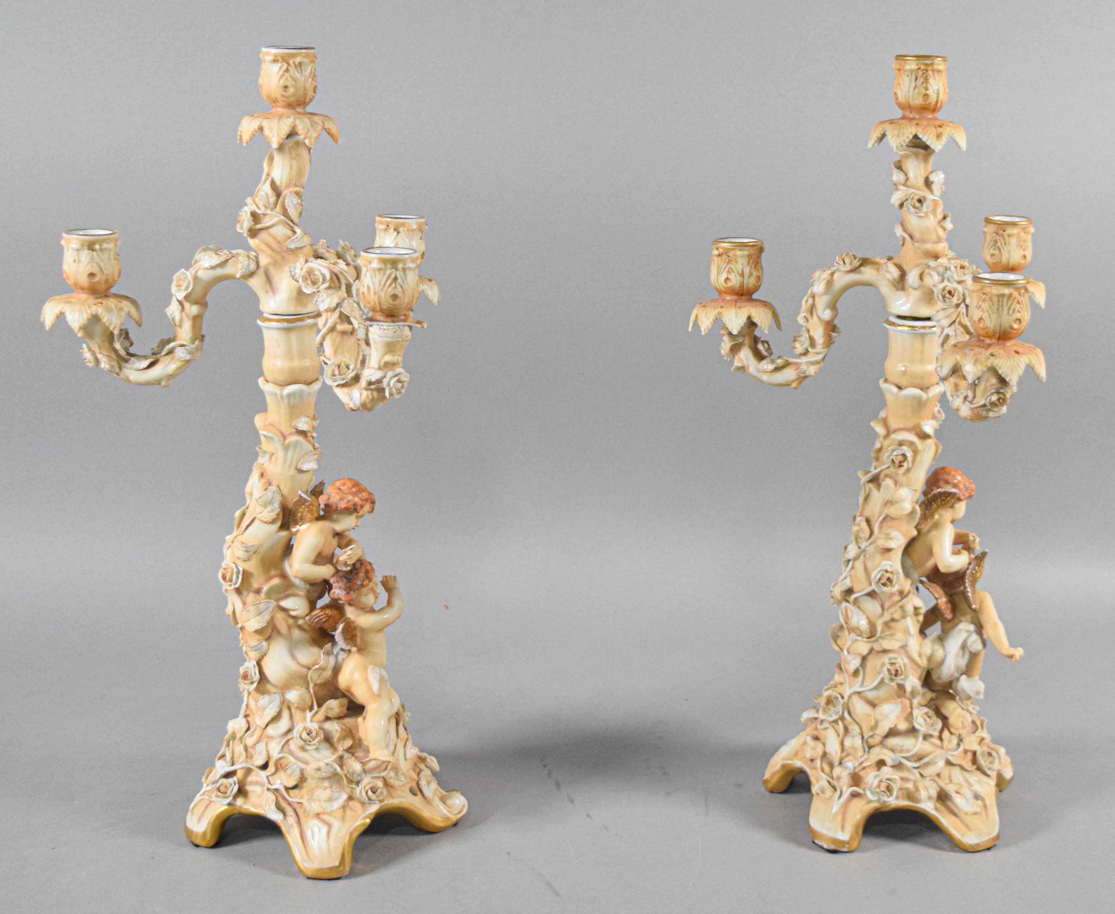 Pair of Sitzendorf Porcelain Three-Light Candelabra