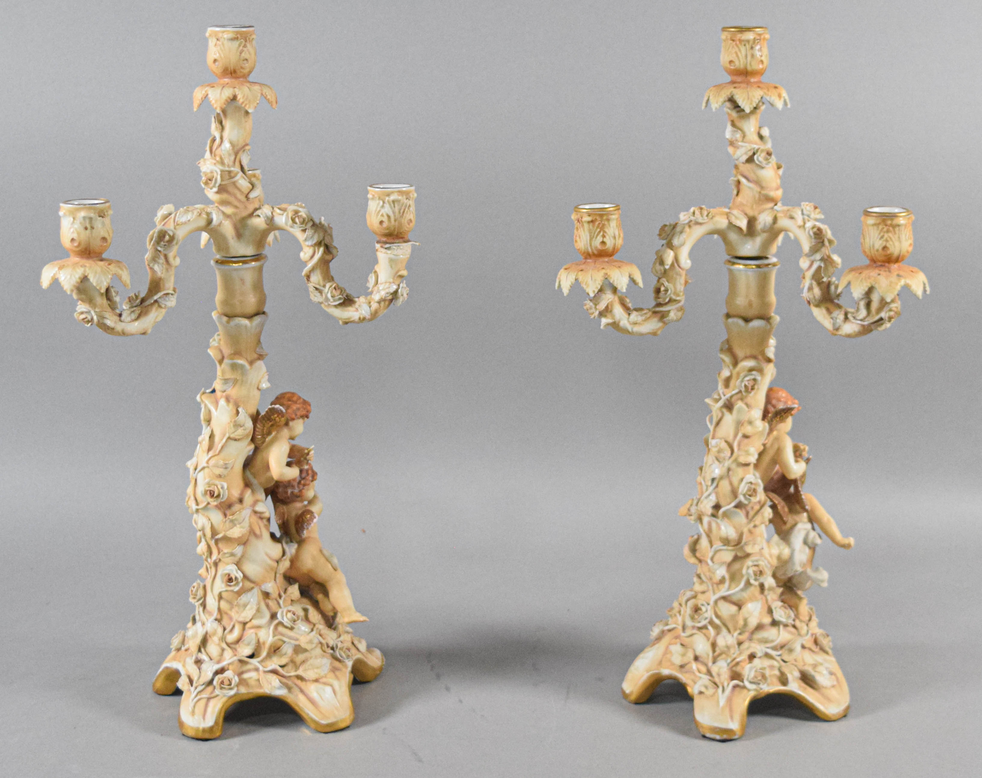 Pair of Sitzendorf Porcelain Three-Light Candelabra