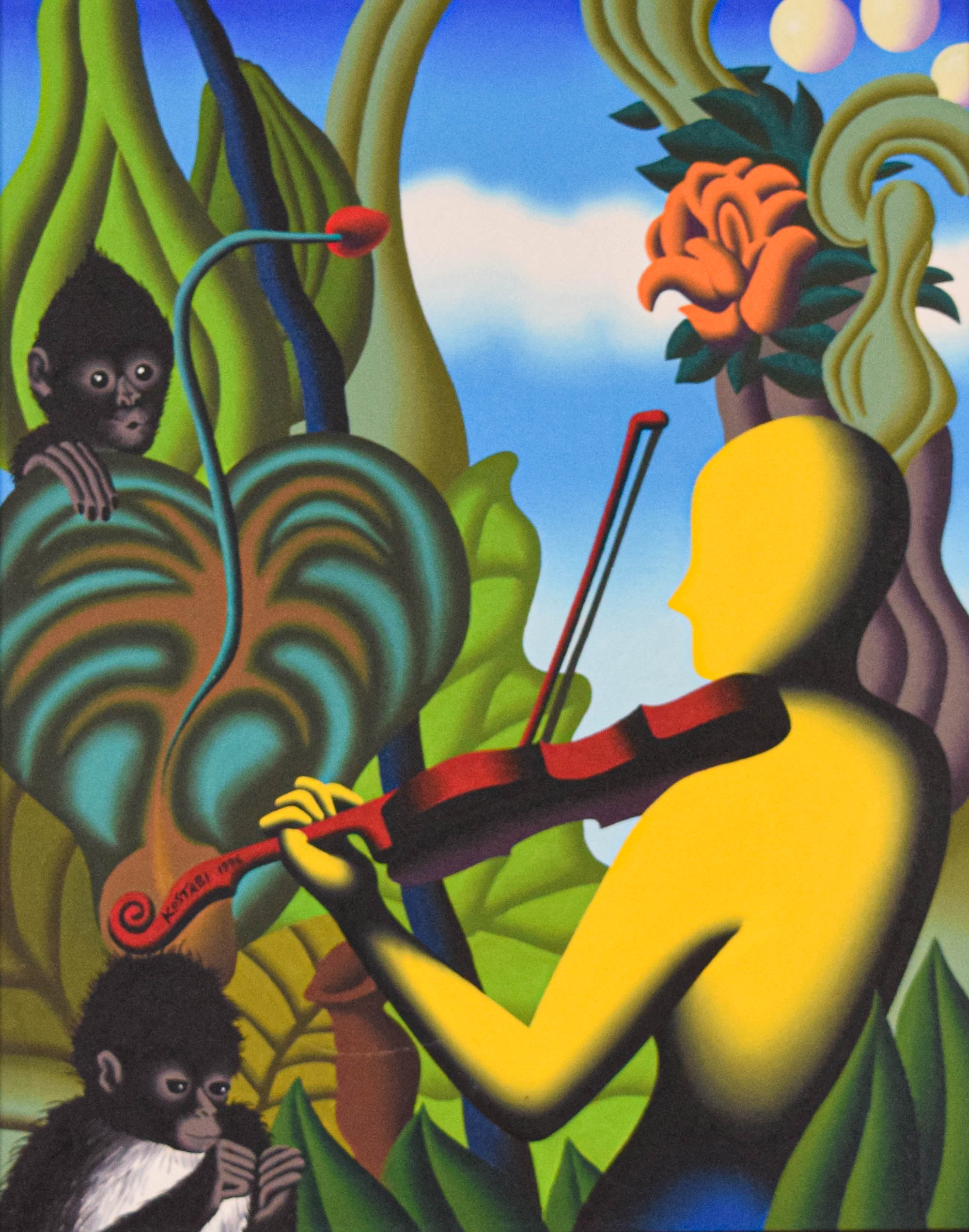 Mark Kostabi Oil on Canvas Surrealist Tropical Composition, 1996