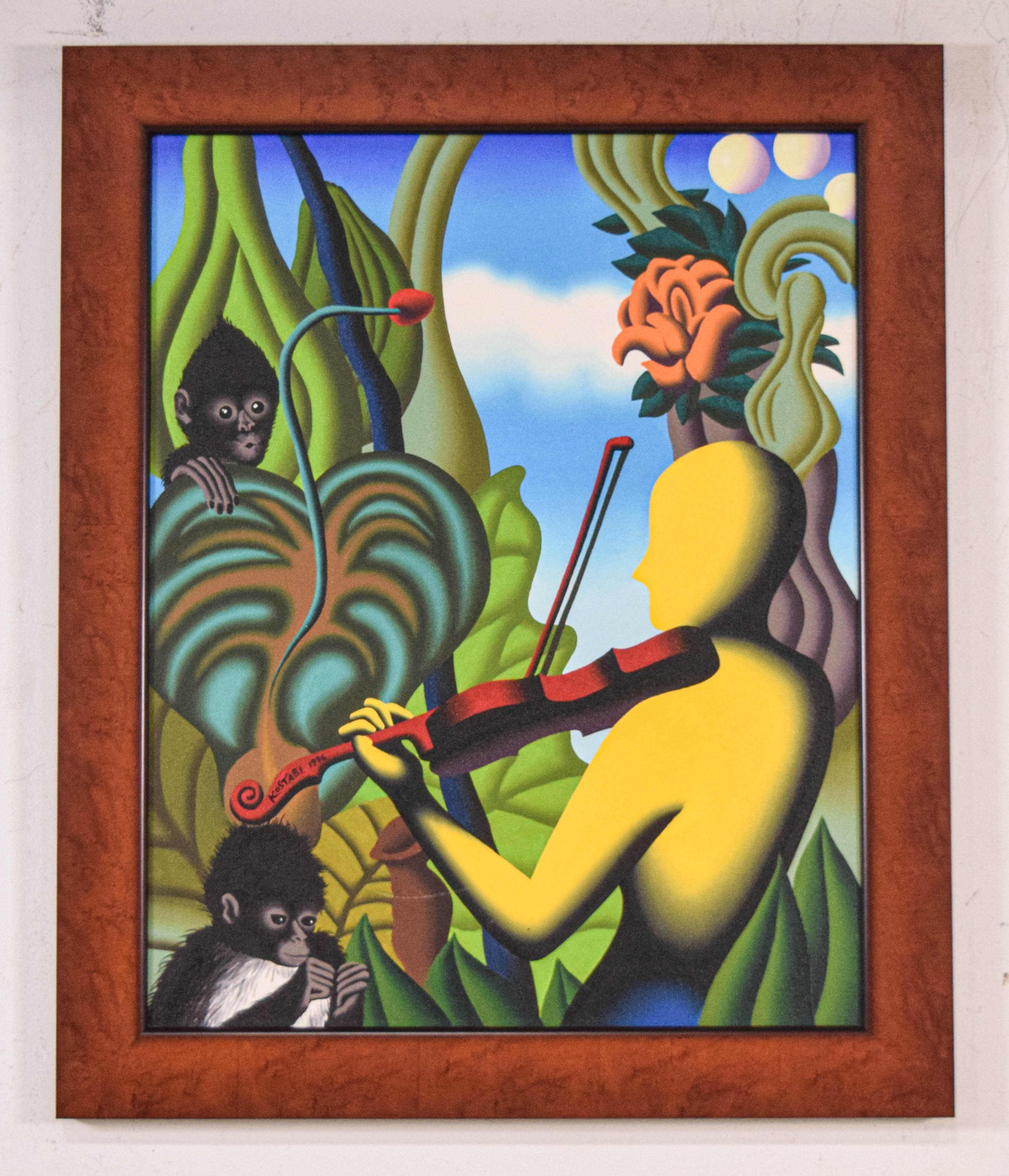 Mark Kostabi Oil on Canvas Surrealist Tropical Composition, 1996