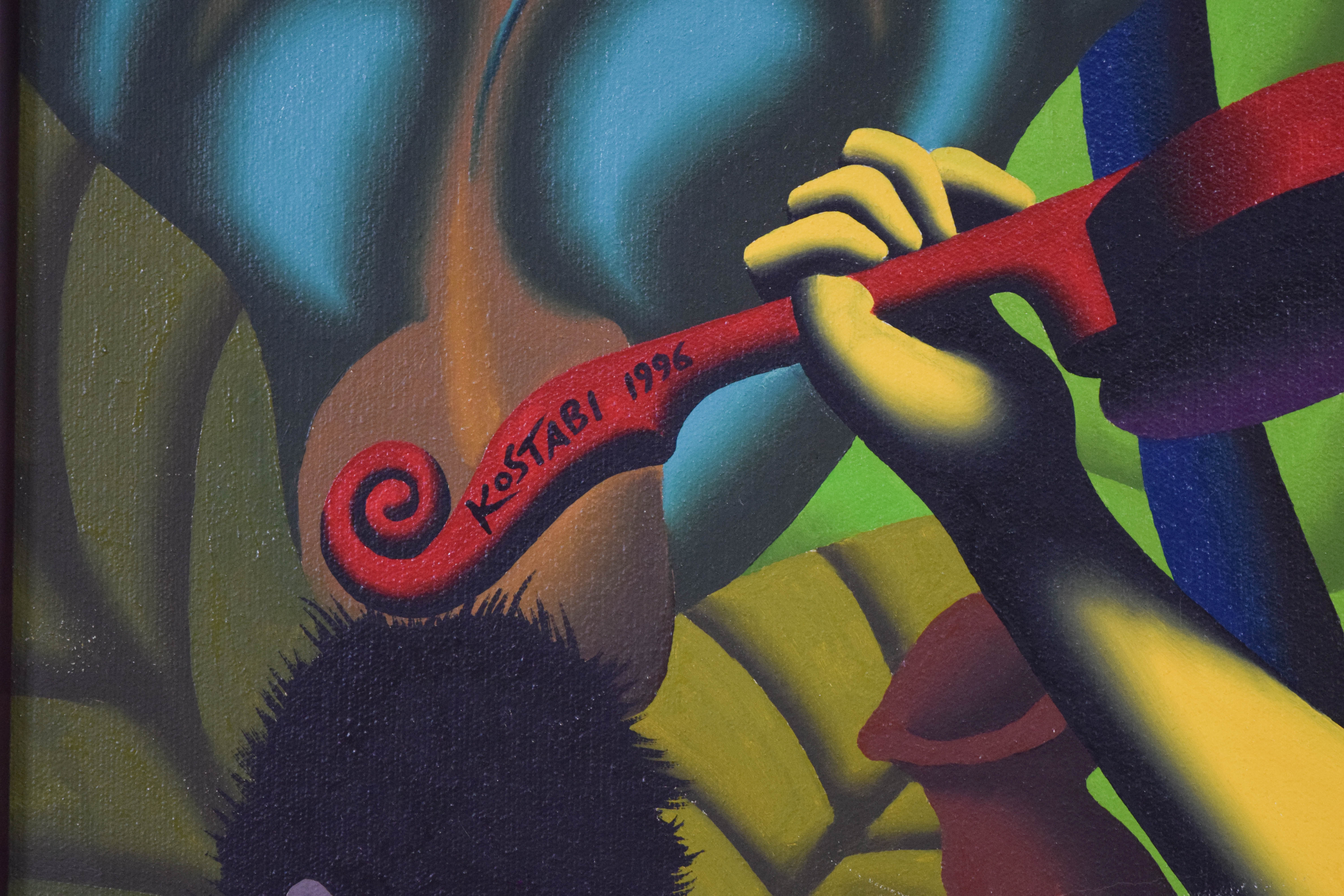 Mark Kostabi Oil on Canvas Surrealist Tropical Composition, 1996