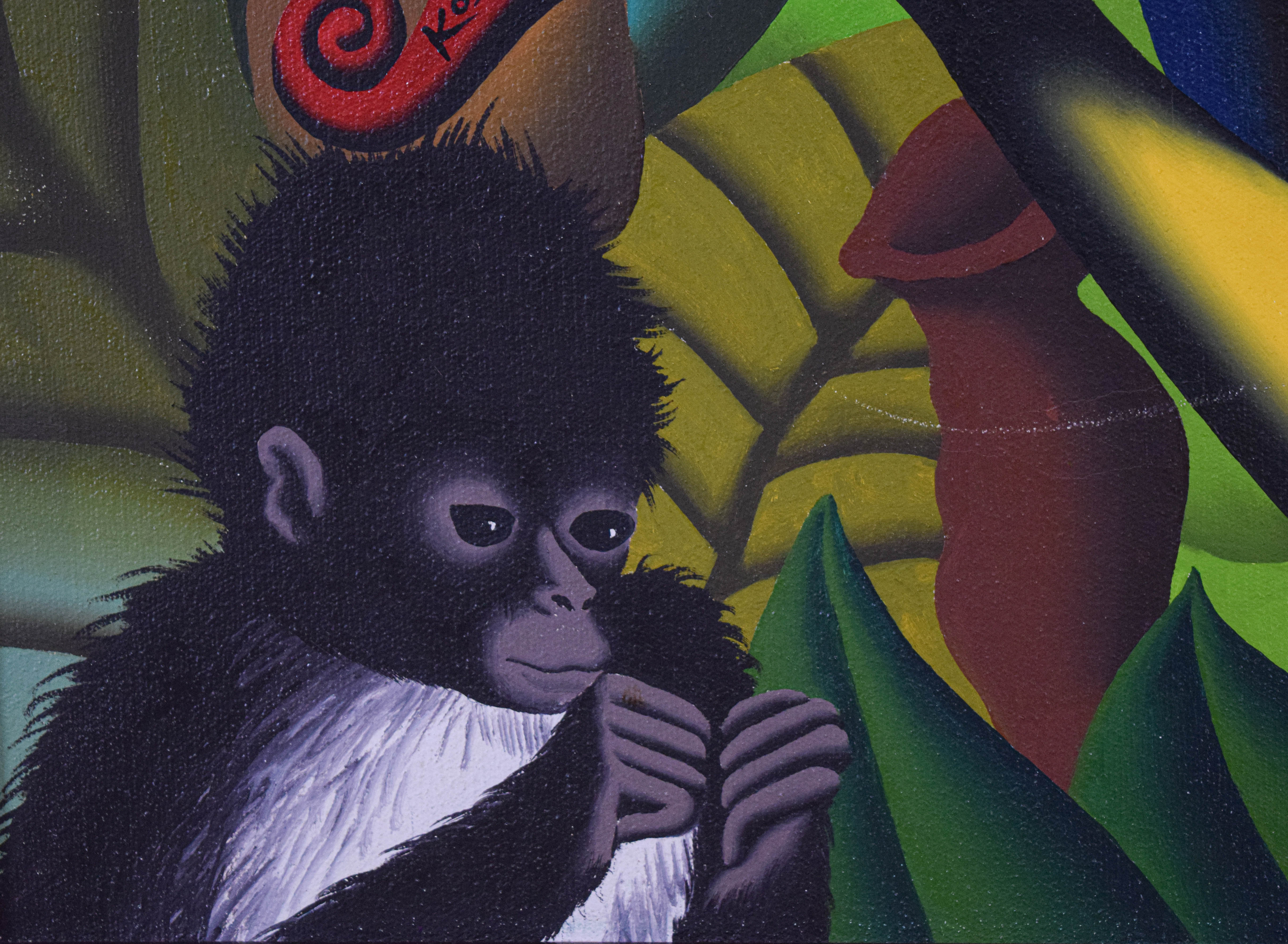 Mark Kostabi Oil on Canvas Surrealist Tropical Composition, 1996