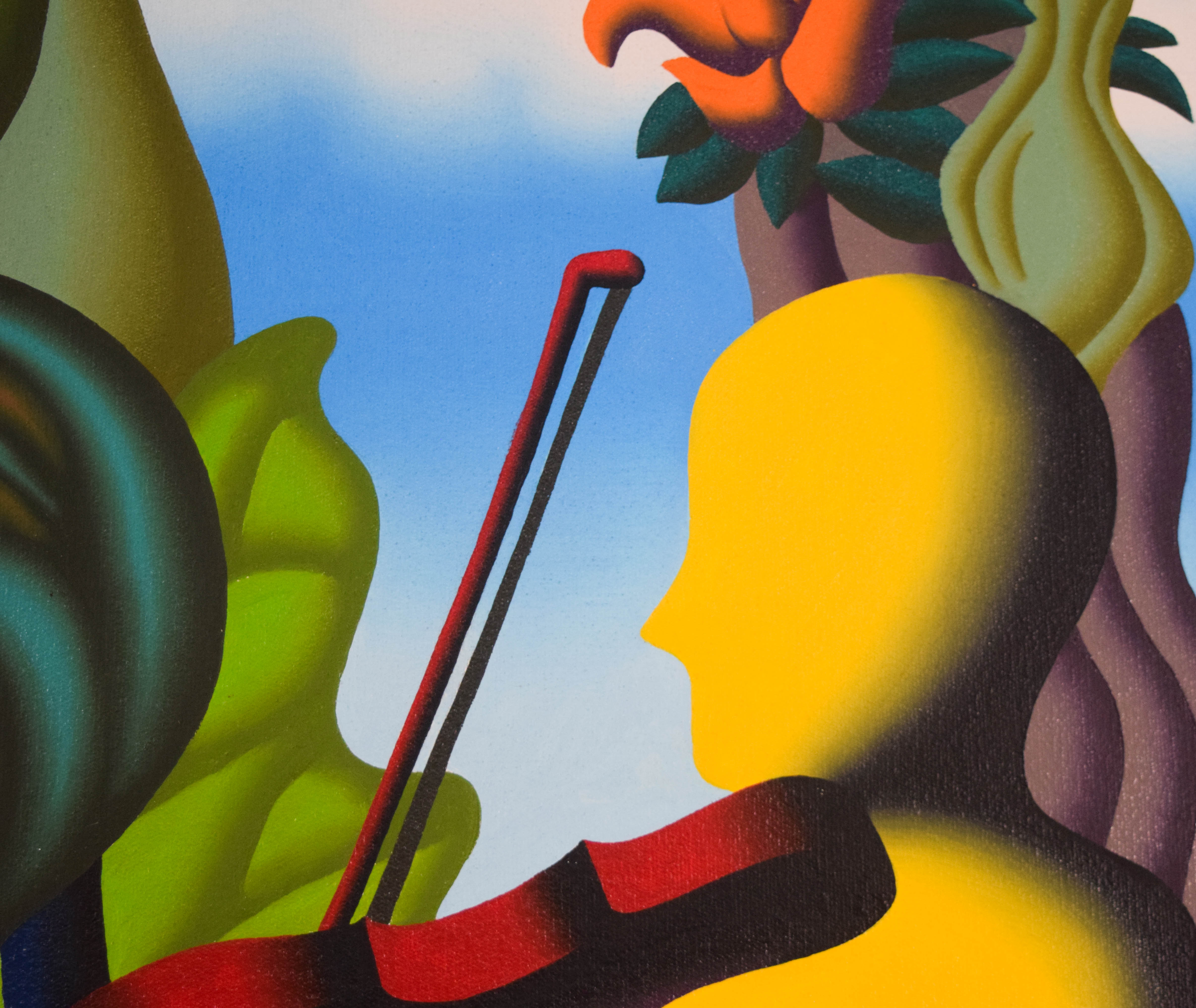 Mark Kostabi Oil on Canvas Surrealist Tropical Composition, 1996