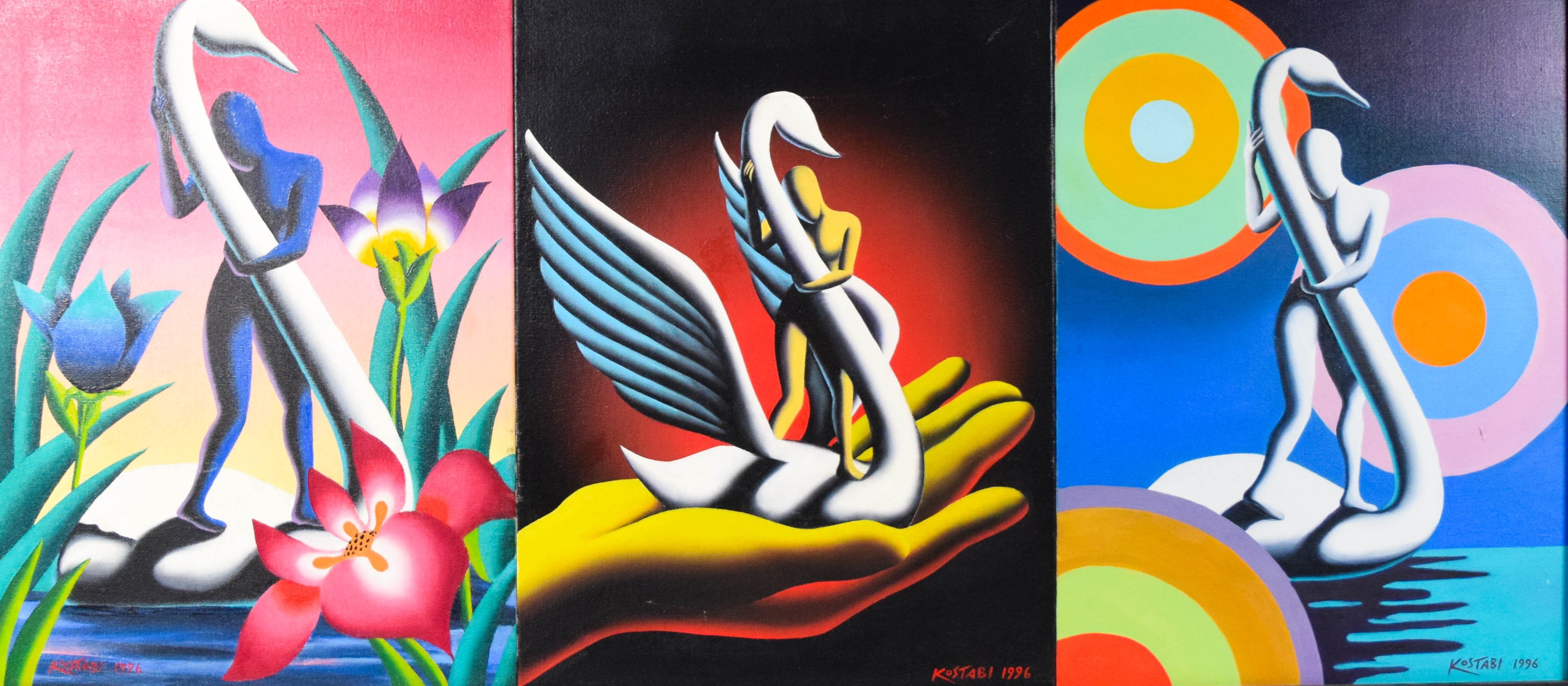 Mark Kostabi Trio of Oils on Canvas, 1996