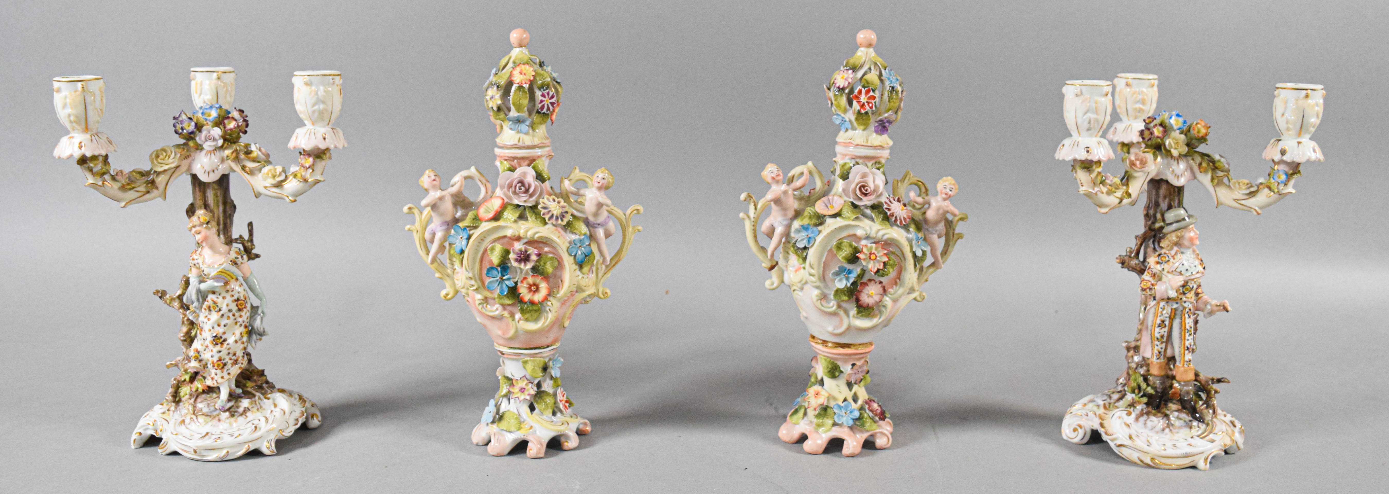 Group of Sitzendorf Style Porcelain Candelabra and Potpourri Urns