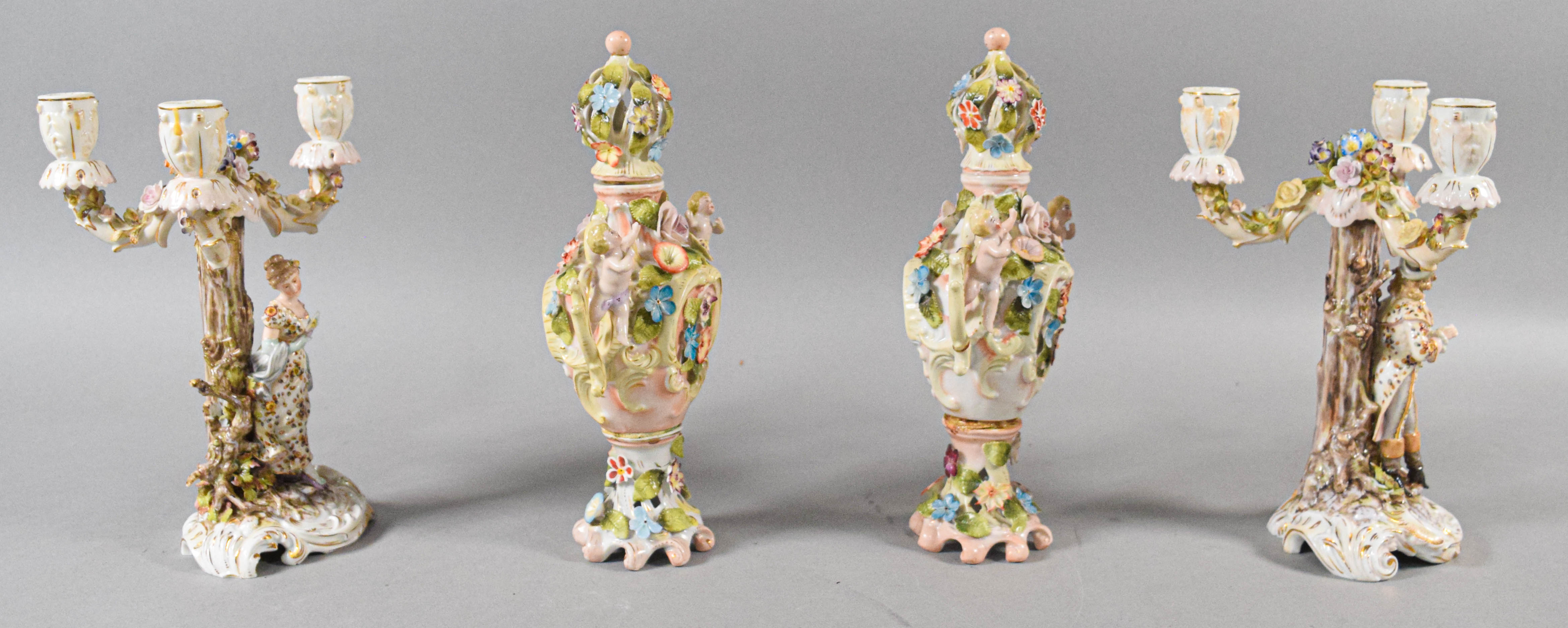 Group of Sitzendorf Style Porcelain Candelabra and Potpourri Urns