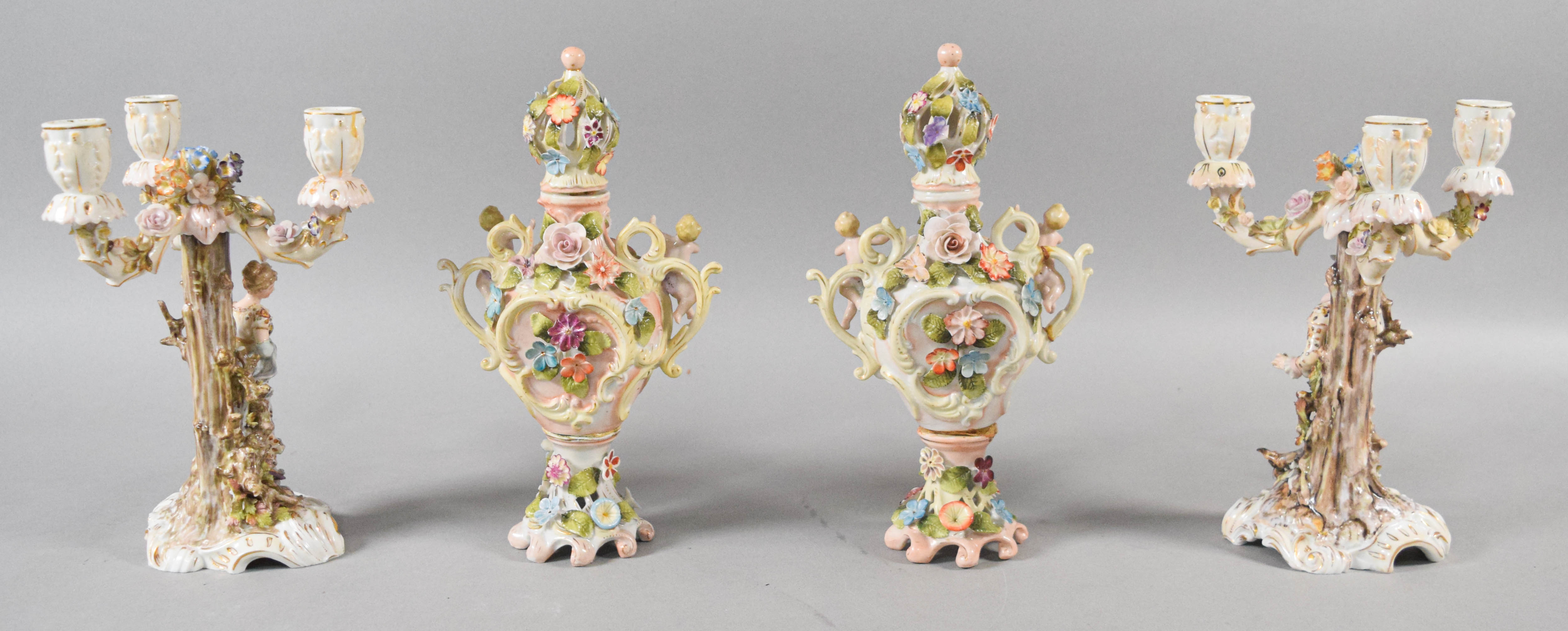 Group of Sitzendorf Style Porcelain Candelabra and Potpourri Urns