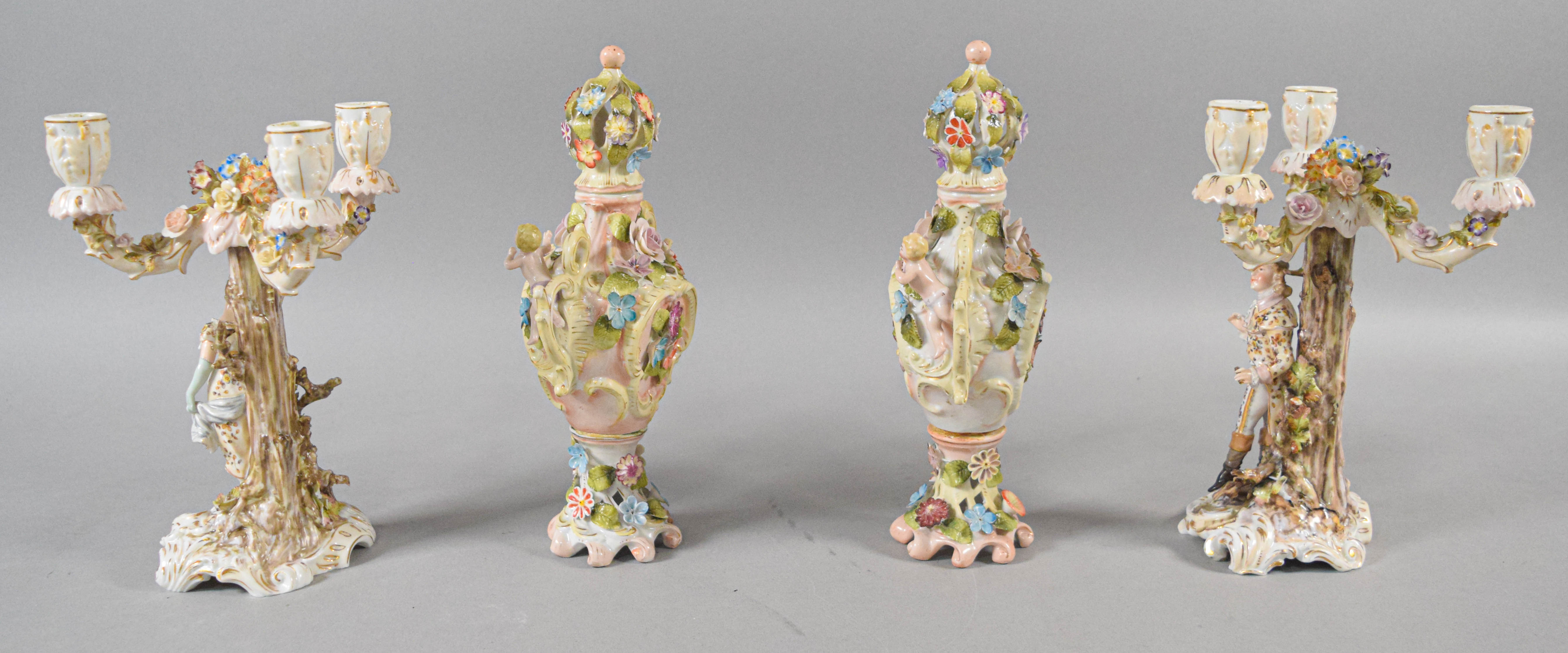 Group of Sitzendorf Style Porcelain Candelabra and Potpourri Urns