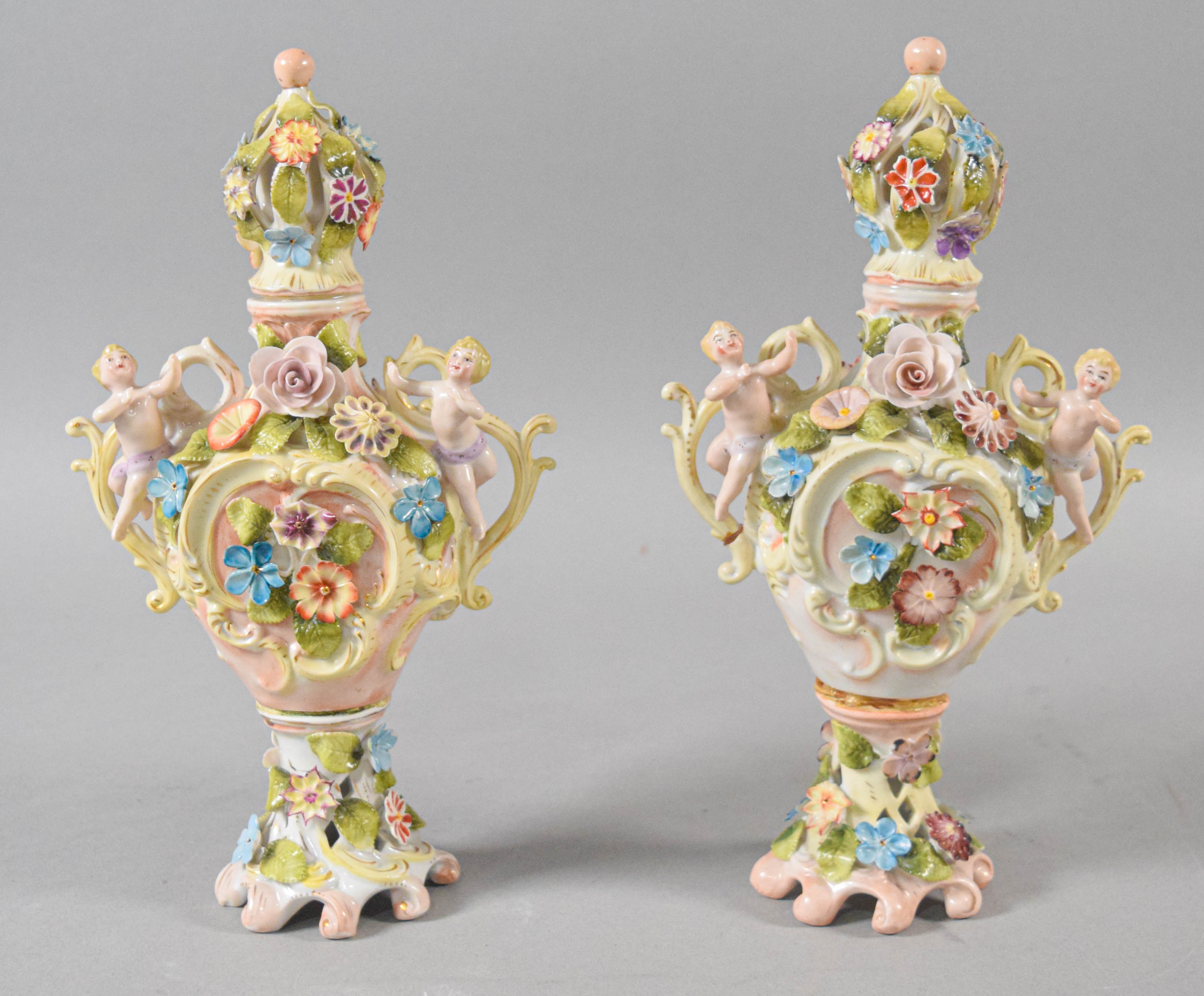Group of Sitzendorf Style Porcelain Candelabra and Potpourri Urns