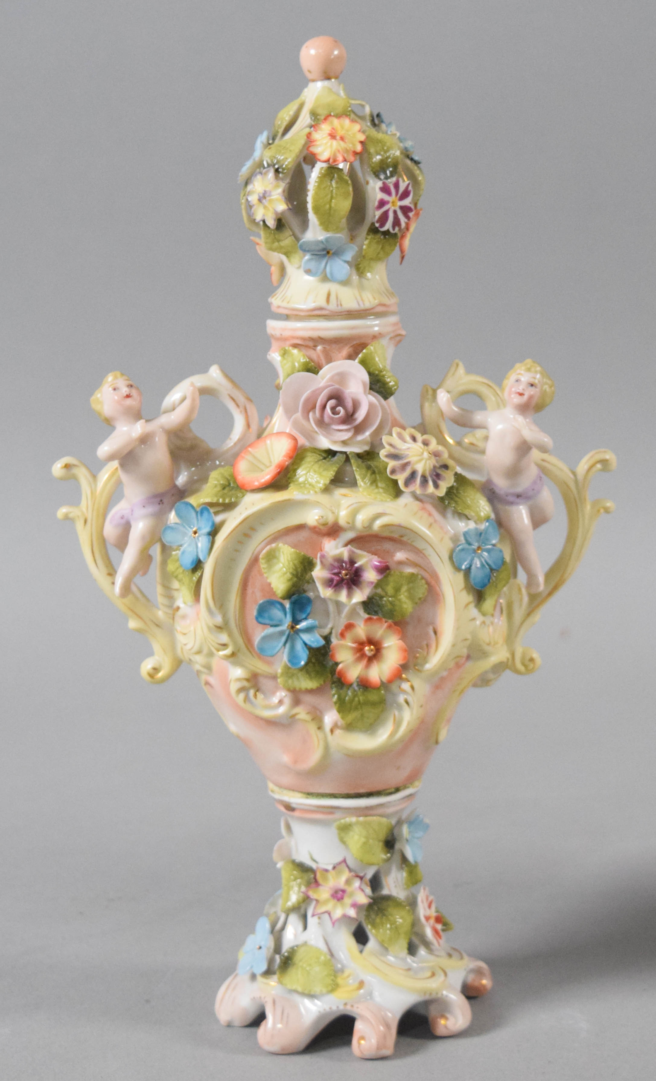 Group of Sitzendorf Style Porcelain Candelabra and Potpourri Urns
