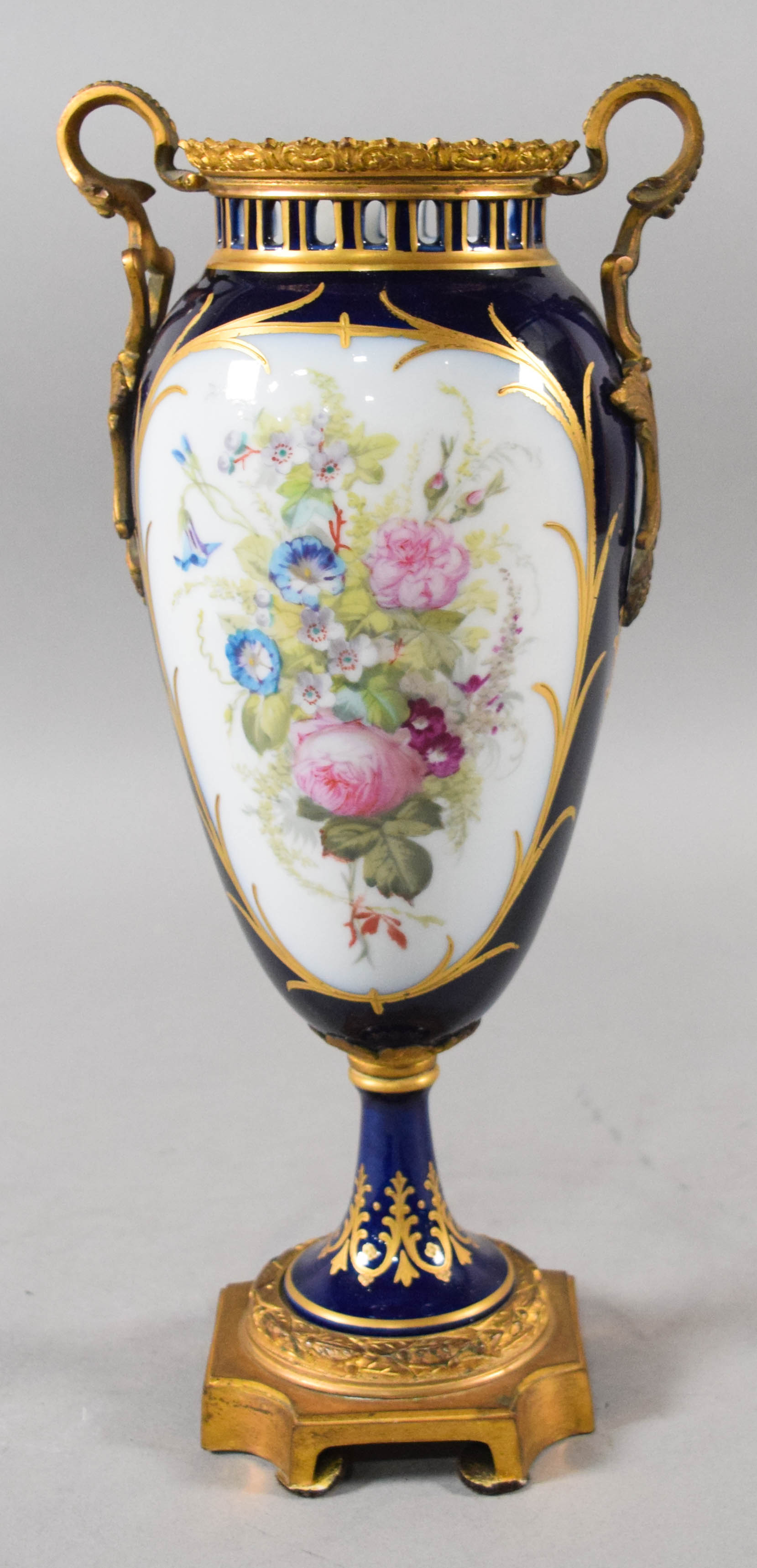 French Sevres Style Porcelain Amphora Vase with Ormolu Mounts