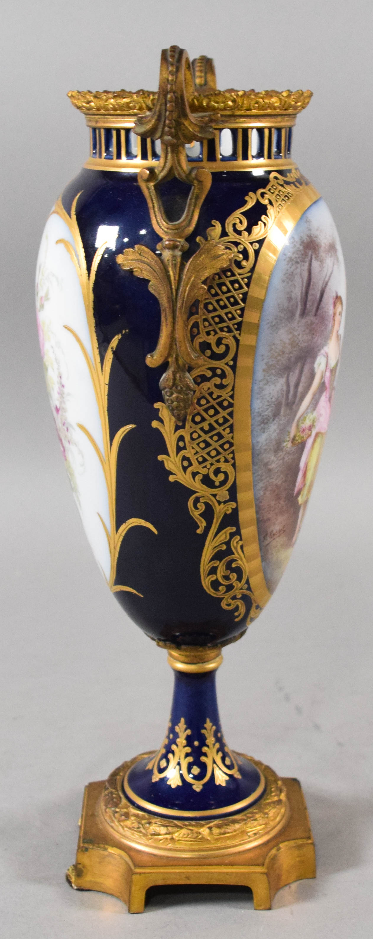 French Sevres Style Porcelain Amphora Vase with Ormolu Mounts