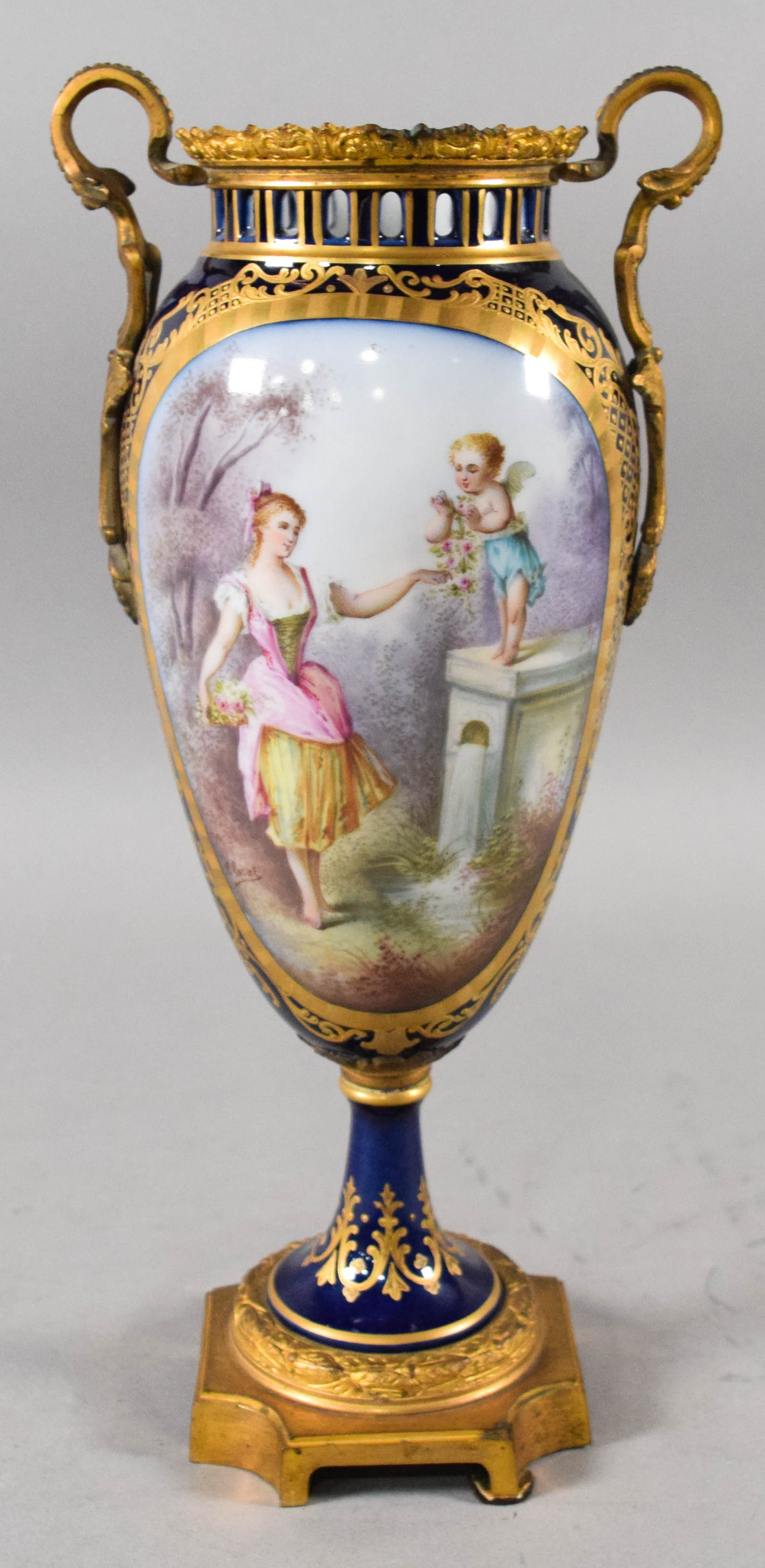 French Sevres Style Porcelain Amphora Vase with Ormolu Mounts