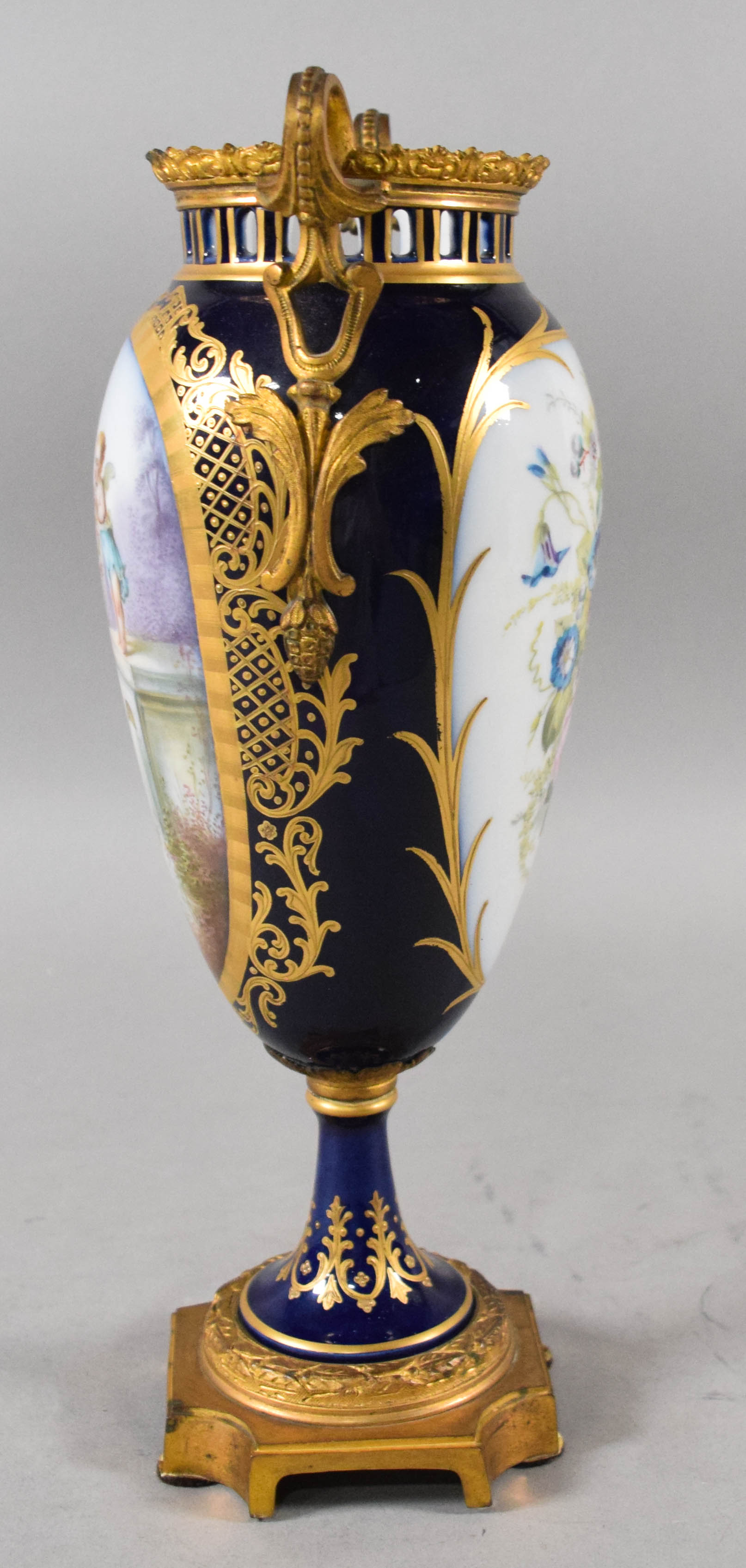 French Sevres Style Porcelain Amphora Vase with Ormolu Mounts