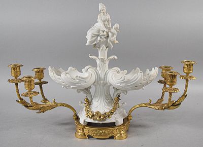Italian Rococo Style Porcelain and Gilt Metal 6 Light Candelabrum Centerpiece. Italian Rococo 