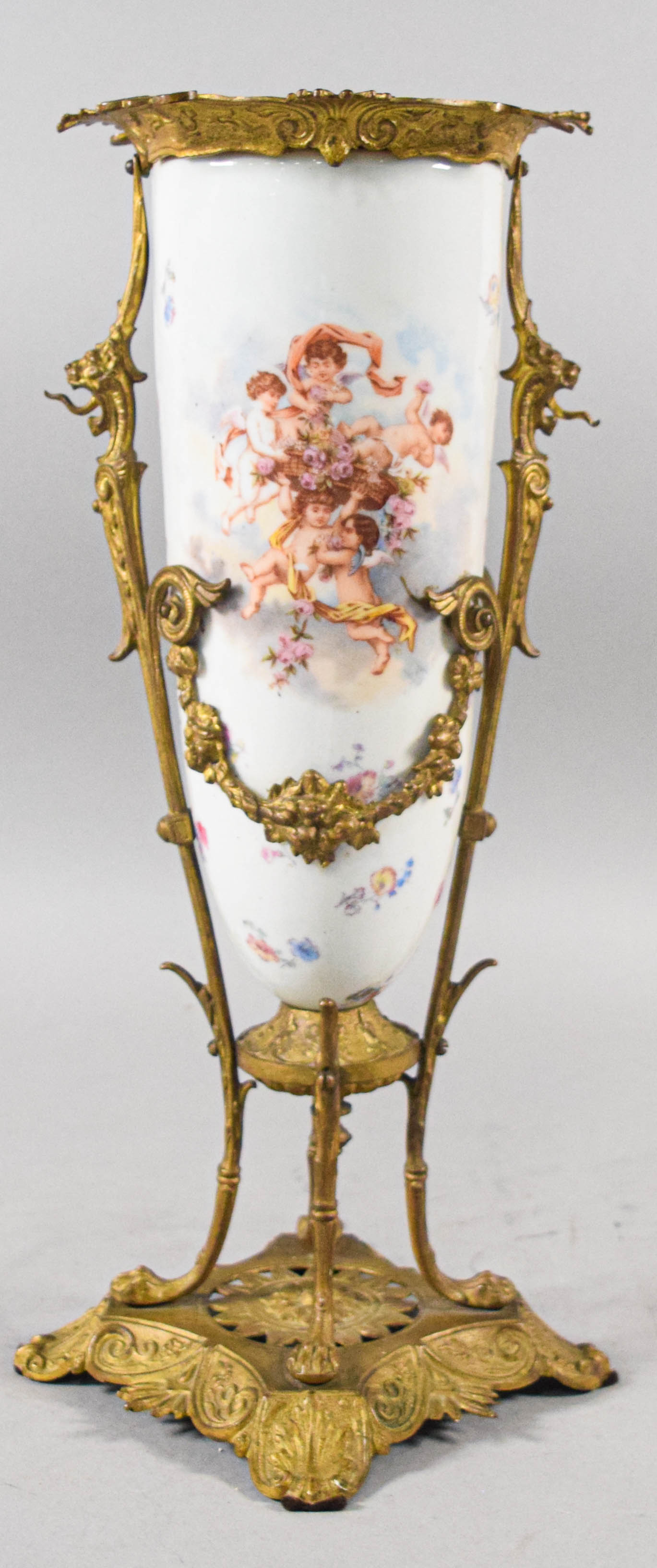 Sevres Style Porcelain and Gilt Bronze Vase with Cherub Scenes