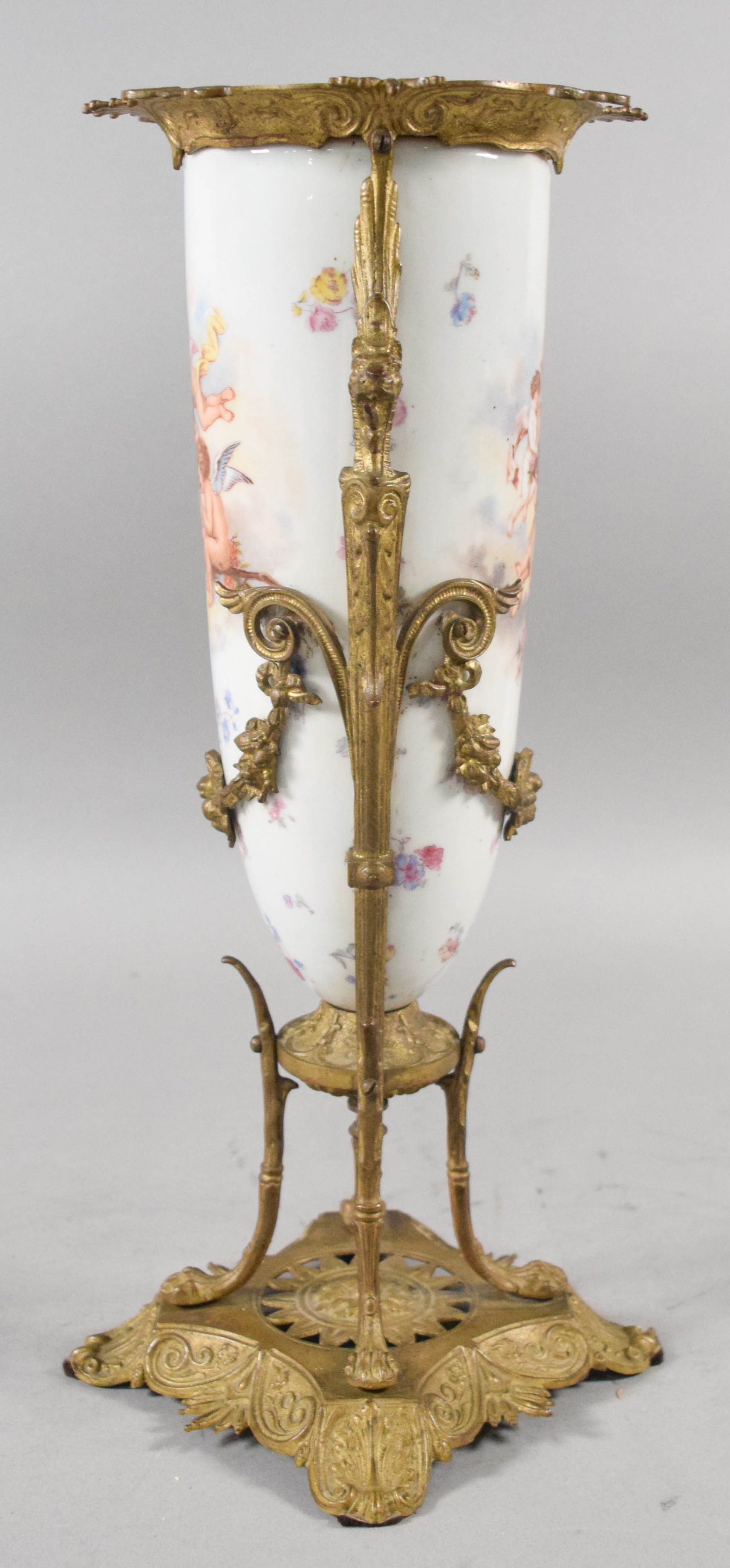 Sevres Style Porcelain and Gilt Bronze Vase with Cherub Scenes