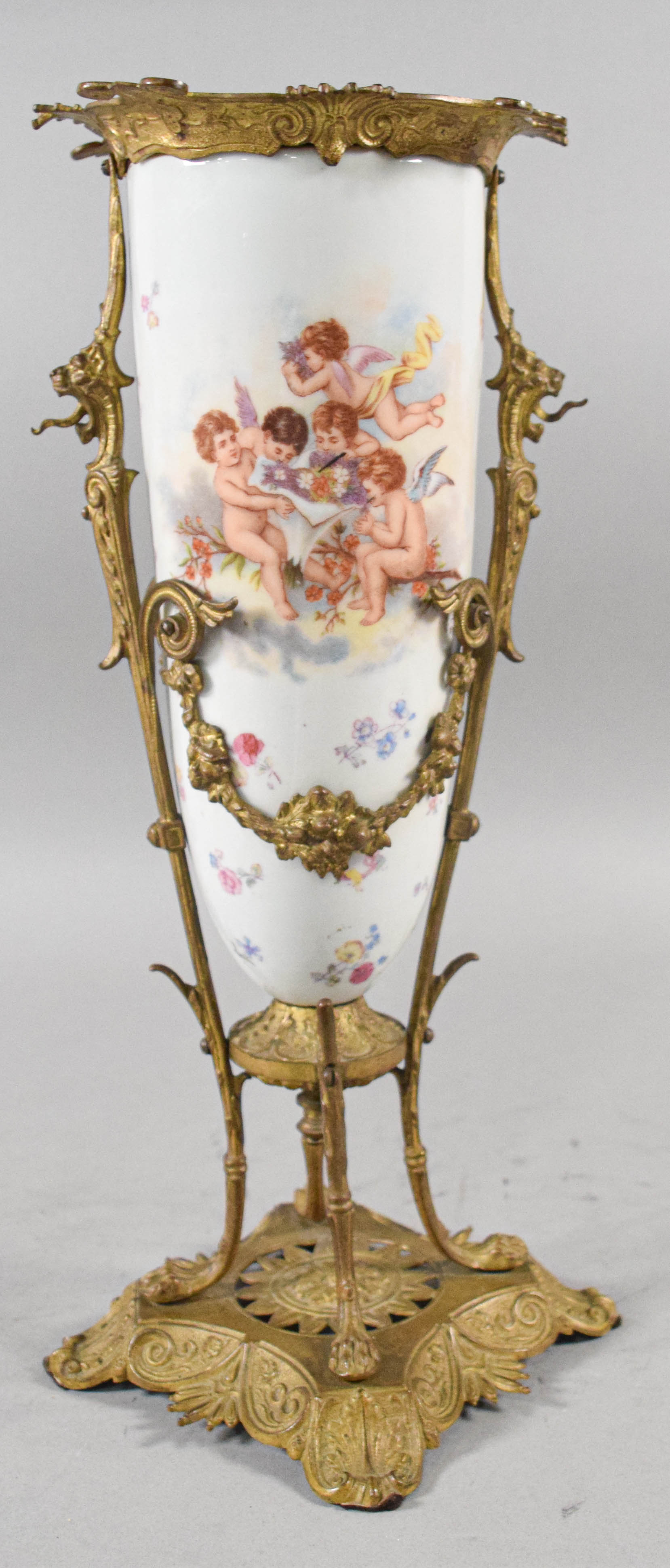 Sevres Style Porcelain and Gilt Bronze Vase with Cherub Scenes