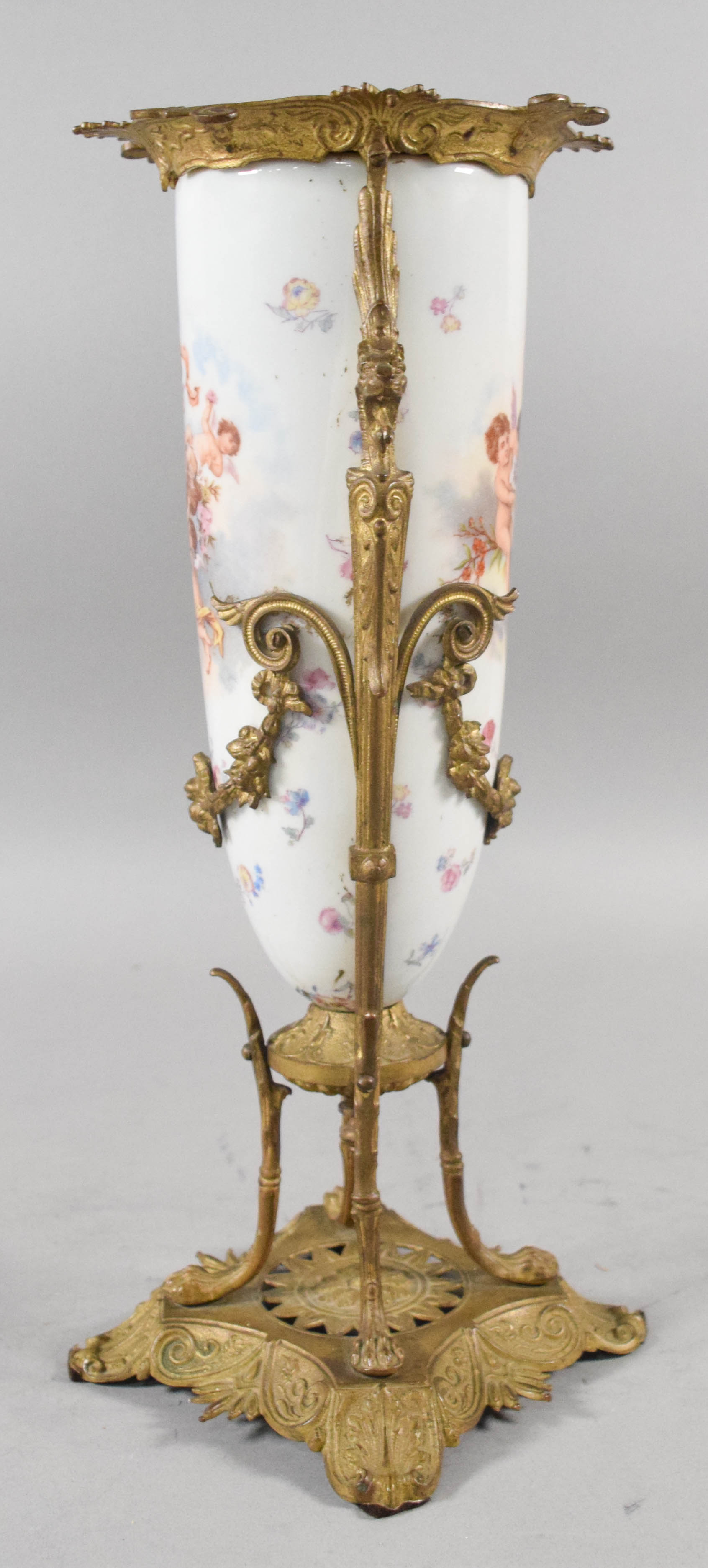 Sevres Style Porcelain and Gilt Bronze Vase with Cherub Scenes