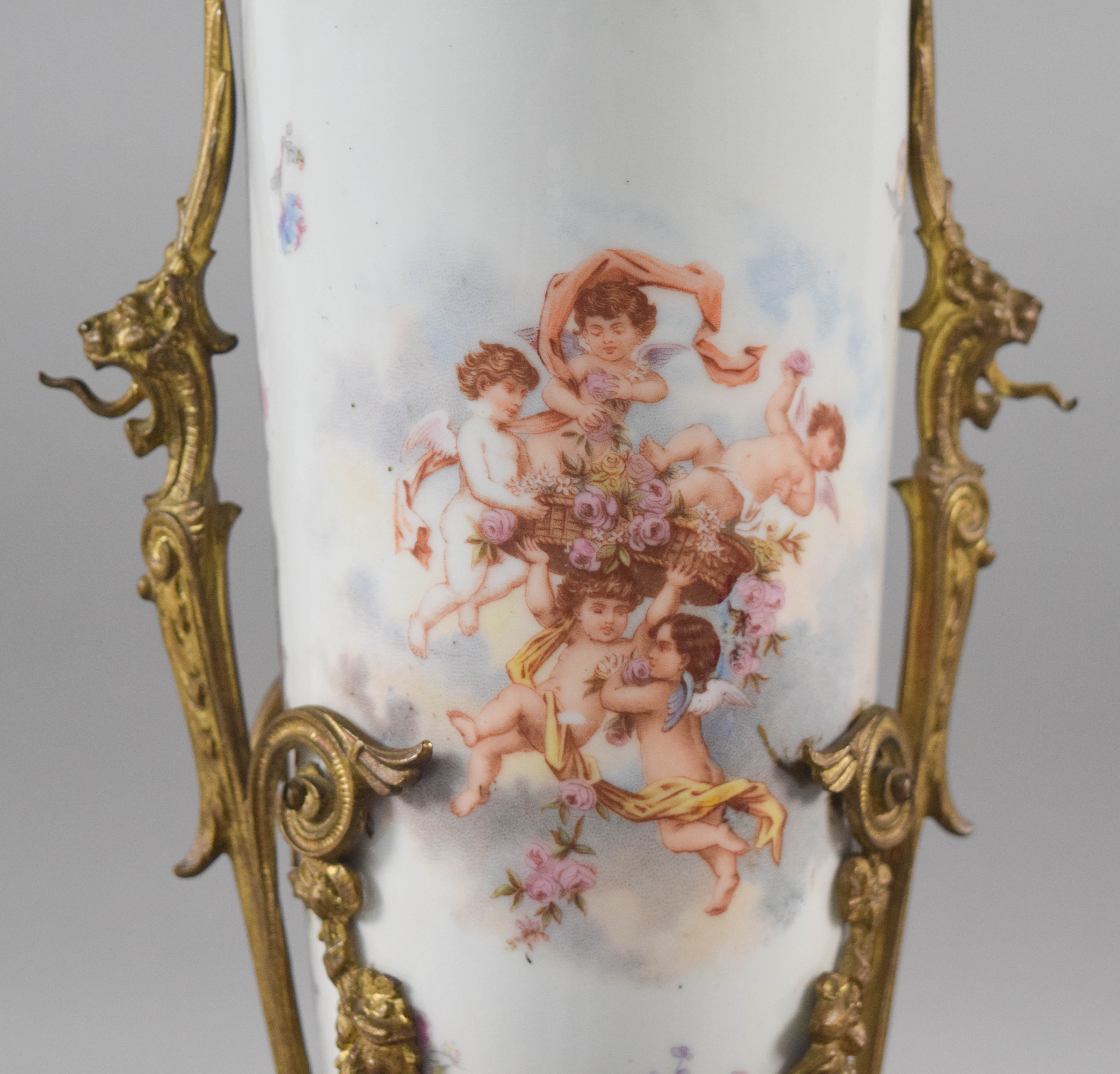 Sevres Style Porcelain and Gilt Bronze Vase with Cherub Scenes