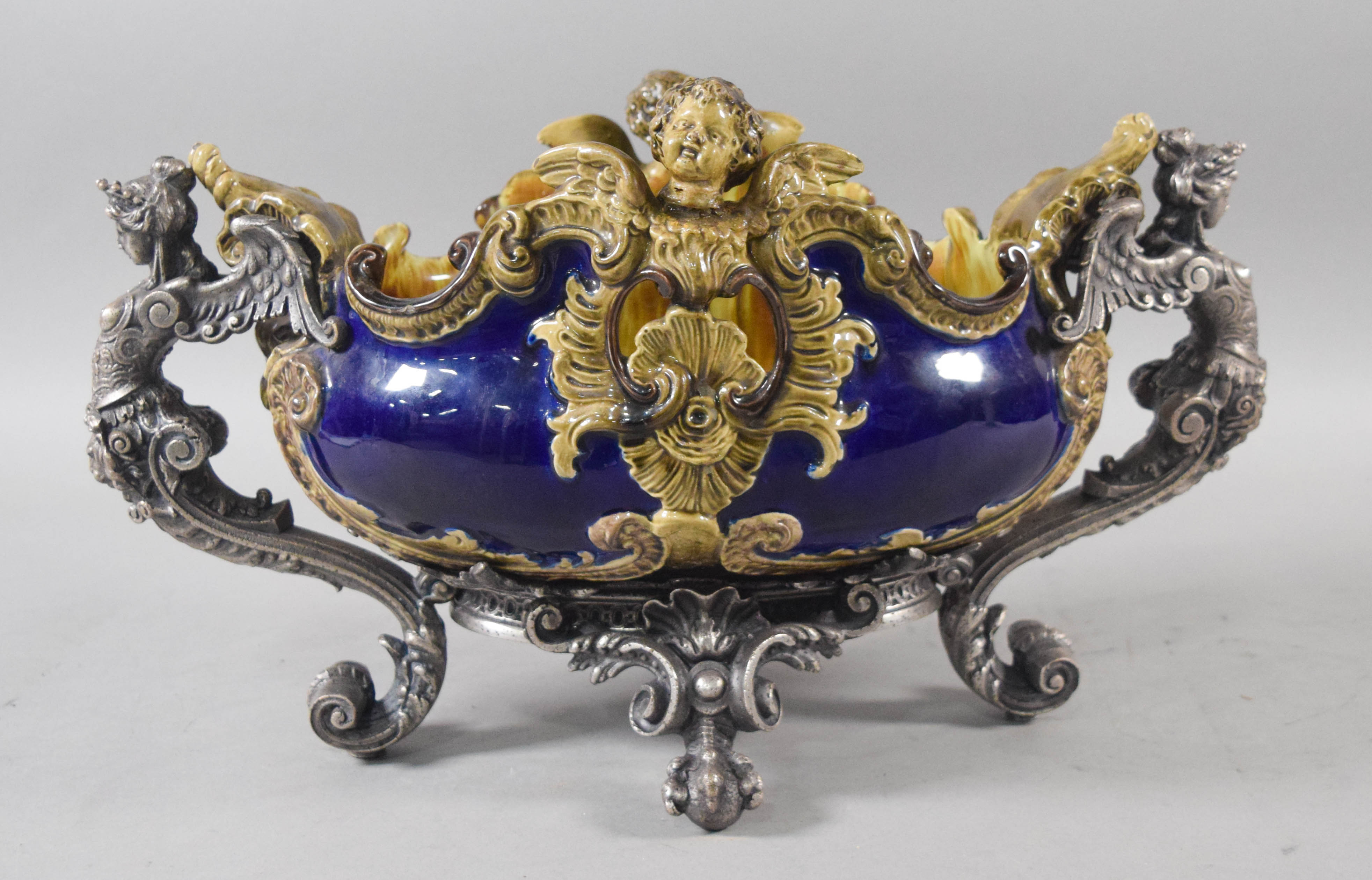 Victorian Majolica and Cast Metal Mounted Jardiniere