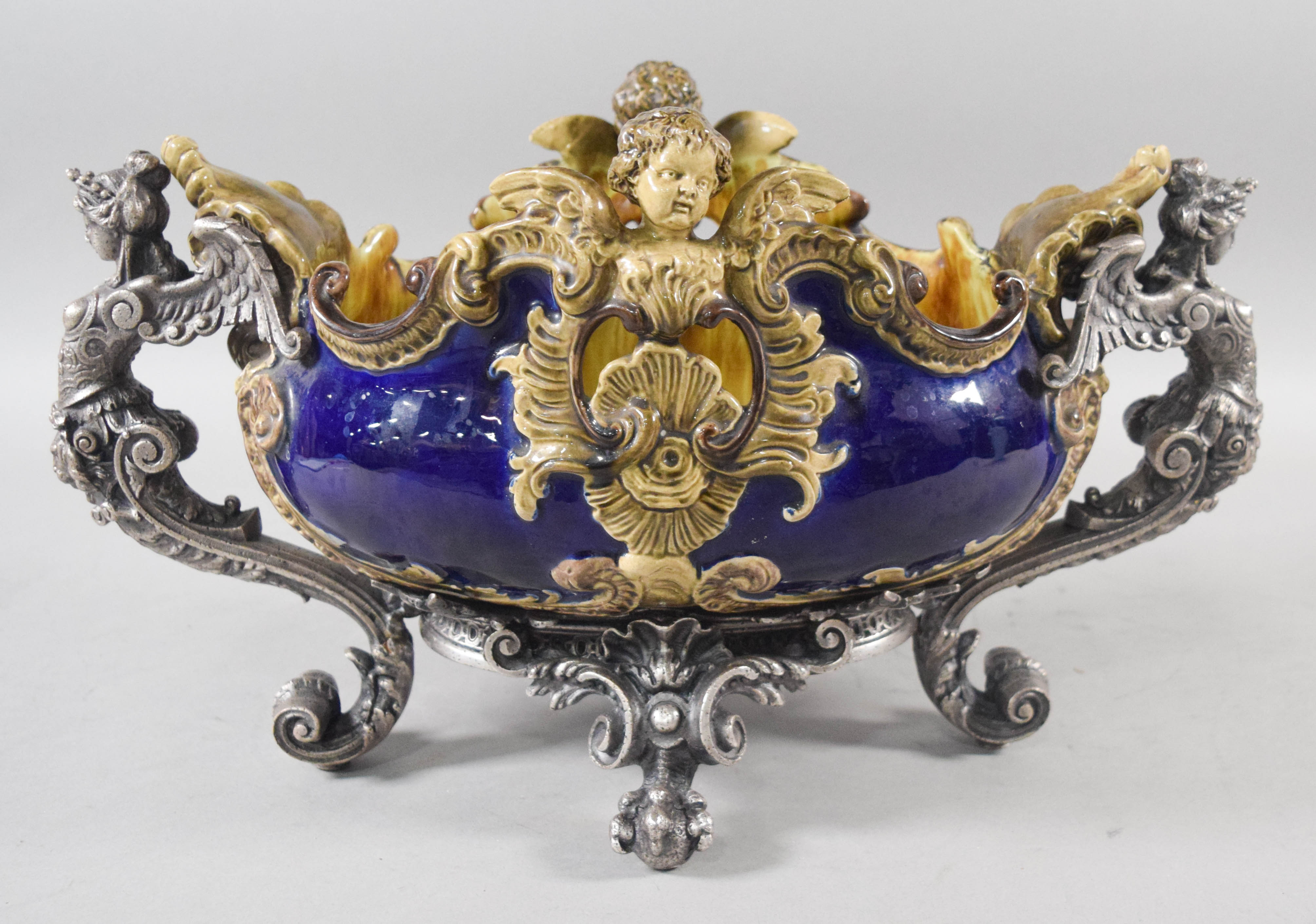 Victorian Majolica and Cast Metal Mounted Jardiniere