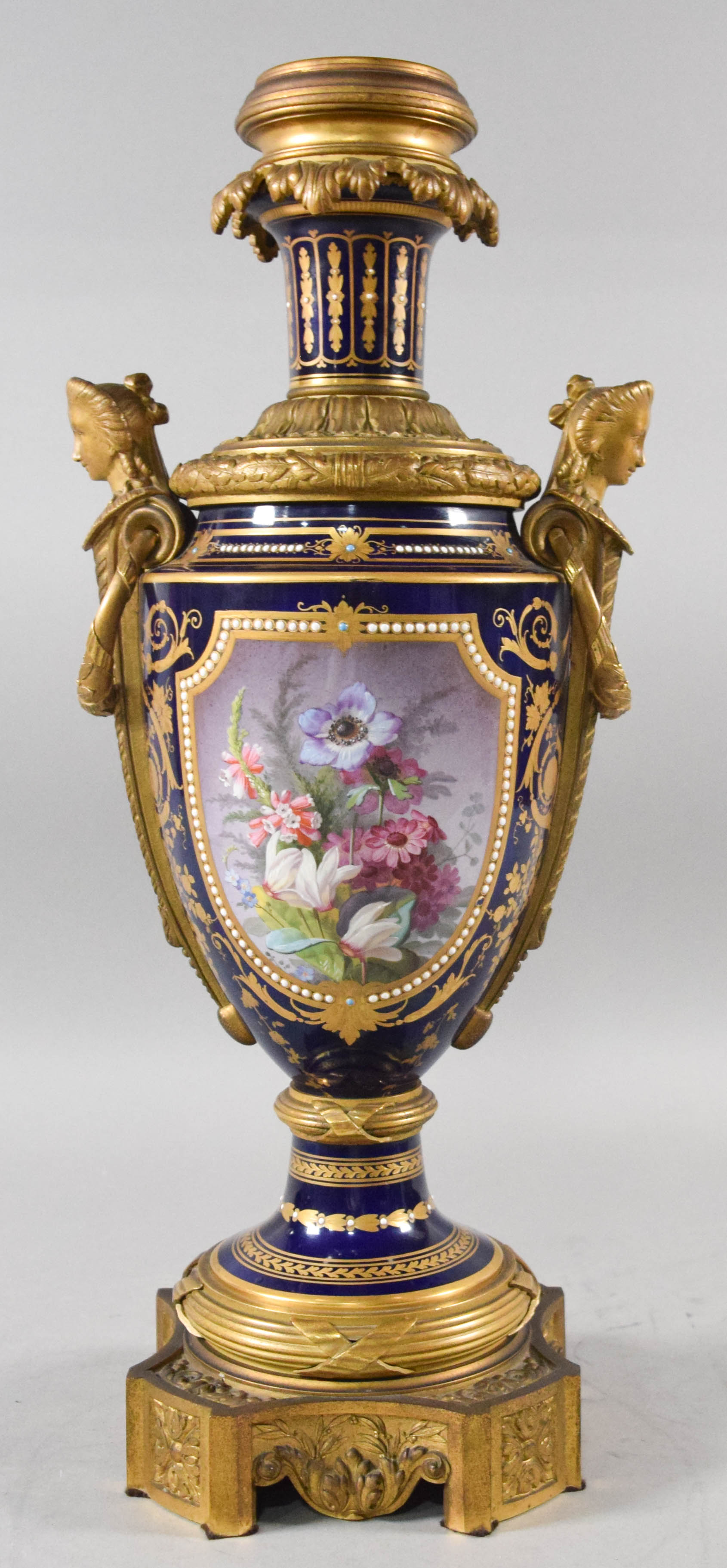Large French Gilt Bronze Mounted Cobalt Blue Porcelain Amphora Vase