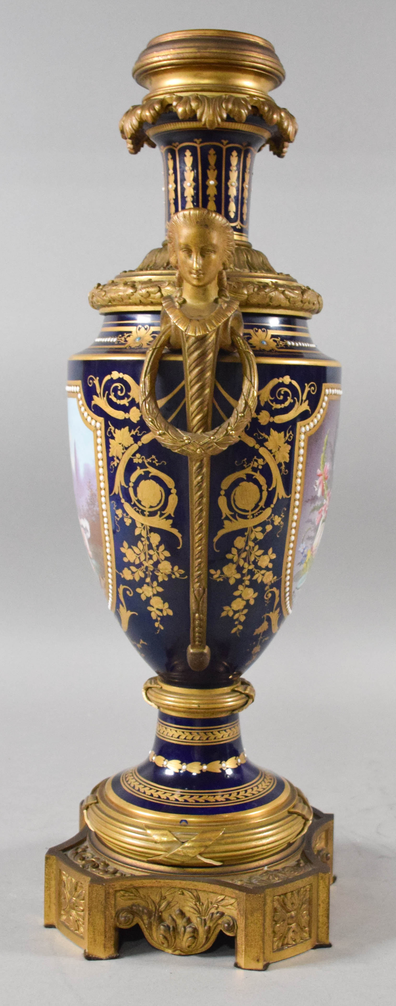 Large French Gilt Bronze Mounted Cobalt Blue Porcelain Amphora Vase