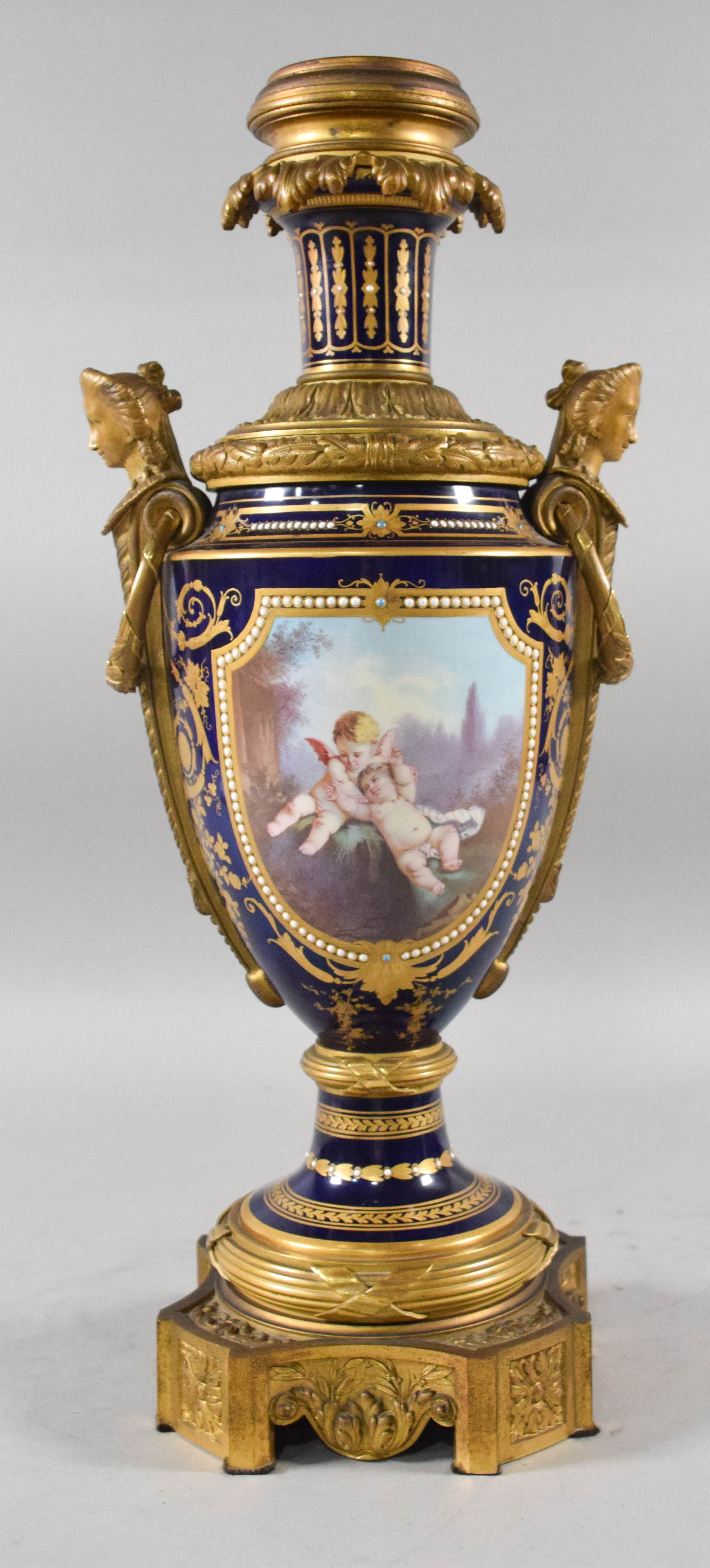 Large French Gilt Bronze Mounted Cobalt Blue Porcelain Amphora Vase