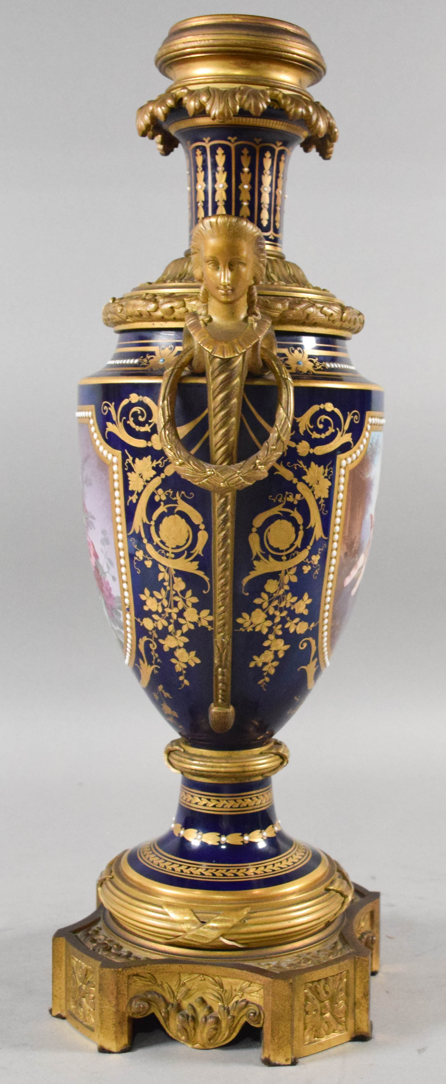 Large French Gilt Bronze Mounted Cobalt Blue Porcelain Amphora Vase