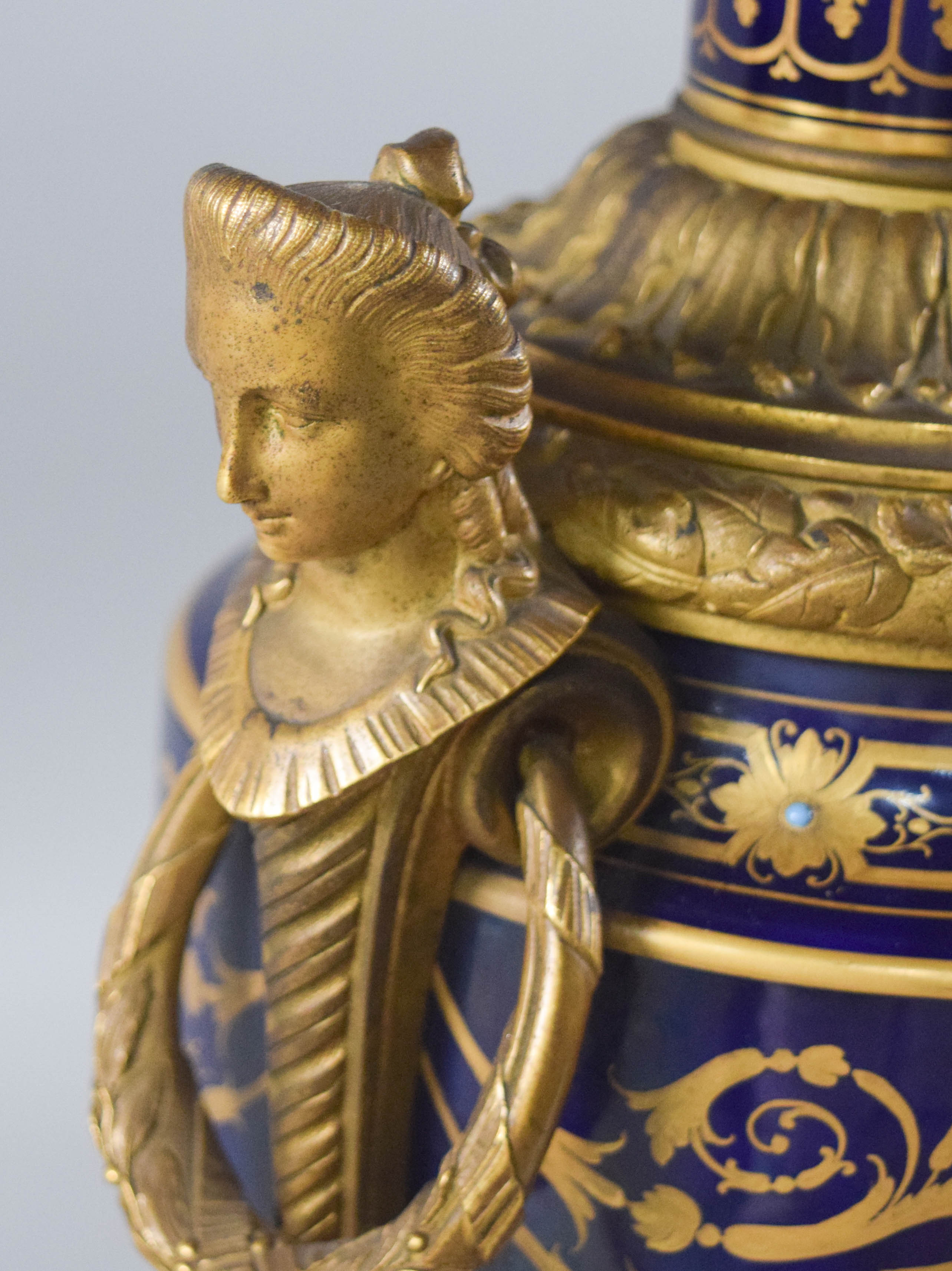 Large French Gilt Bronze Mounted Cobalt Blue Porcelain Amphora Vase