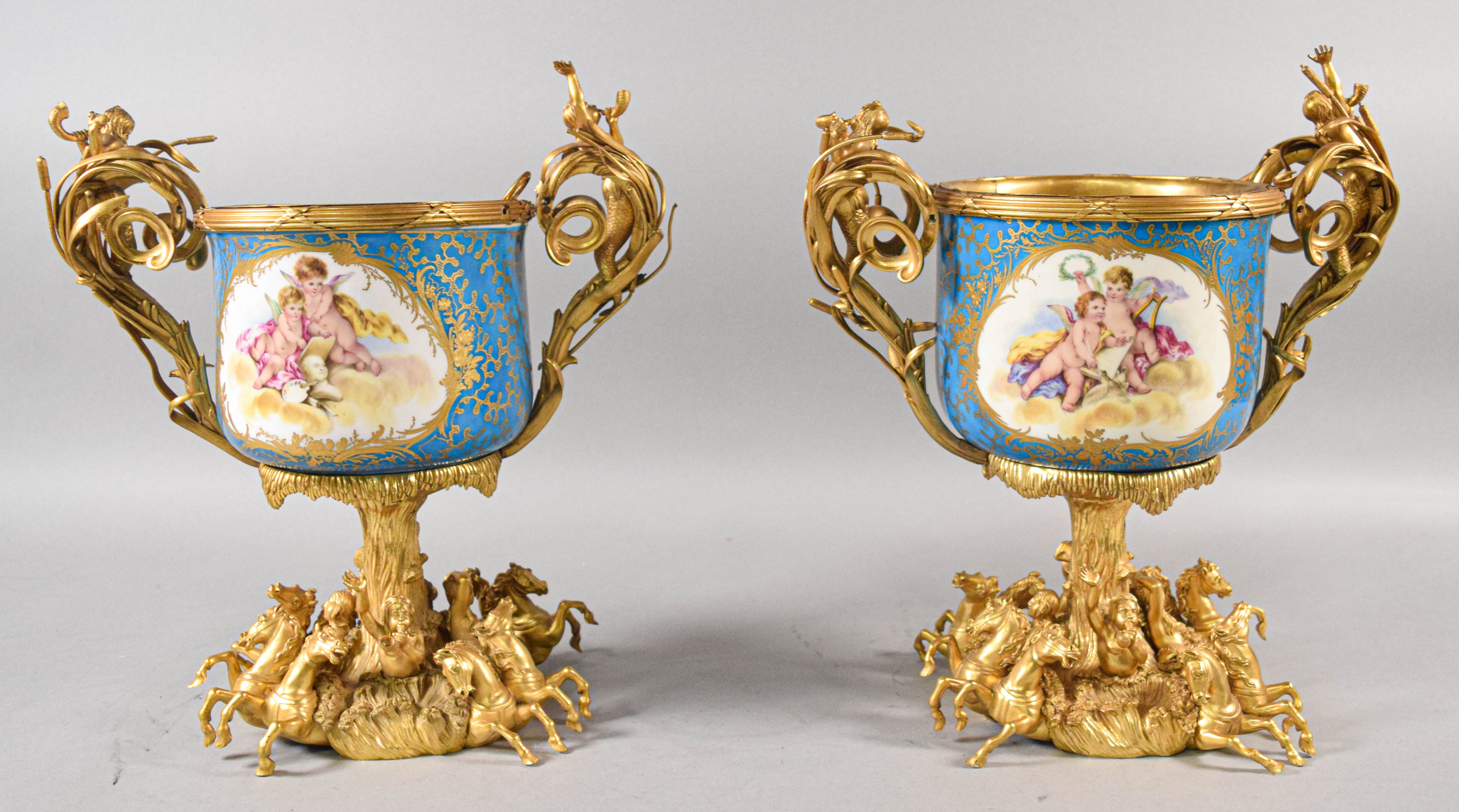 Pair of Sevres Ormolu Mounted Porcelain Jardinieres